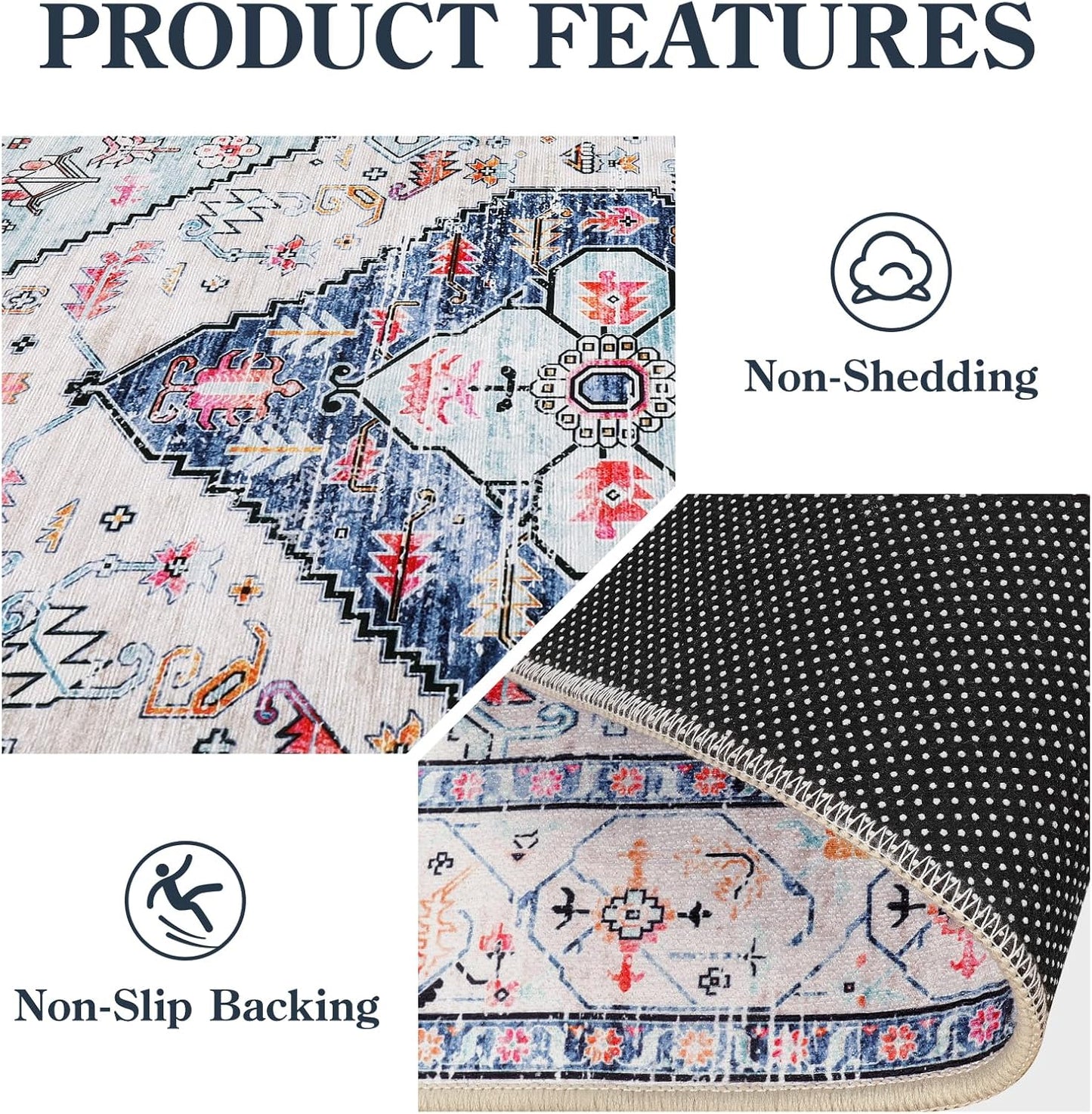 Lahome Boho Round Rug - 8Ft Washable Area Rug, Non-Slip Small Bathroom Rug, Lightweight Bedroom Throw, Oriental Distressed Print Carpet for Entryway, Sofa, Nursery, Kids Room