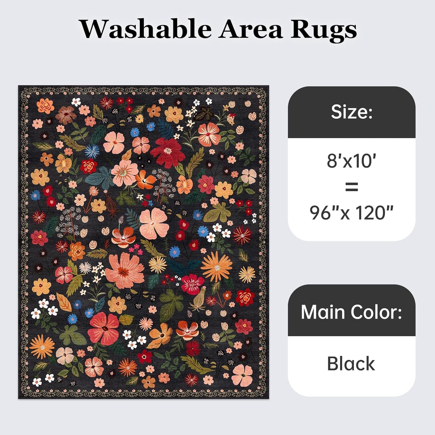Black 8x10 Area Rugs for Large Living Room Machine Washable Non-Slip Backing Boho Floral Rugs Soft Faux Wool Low Pile Stain Resistant Dark Carpet Rug for Cozy Bedroom Dining Room Nursery Kids Room