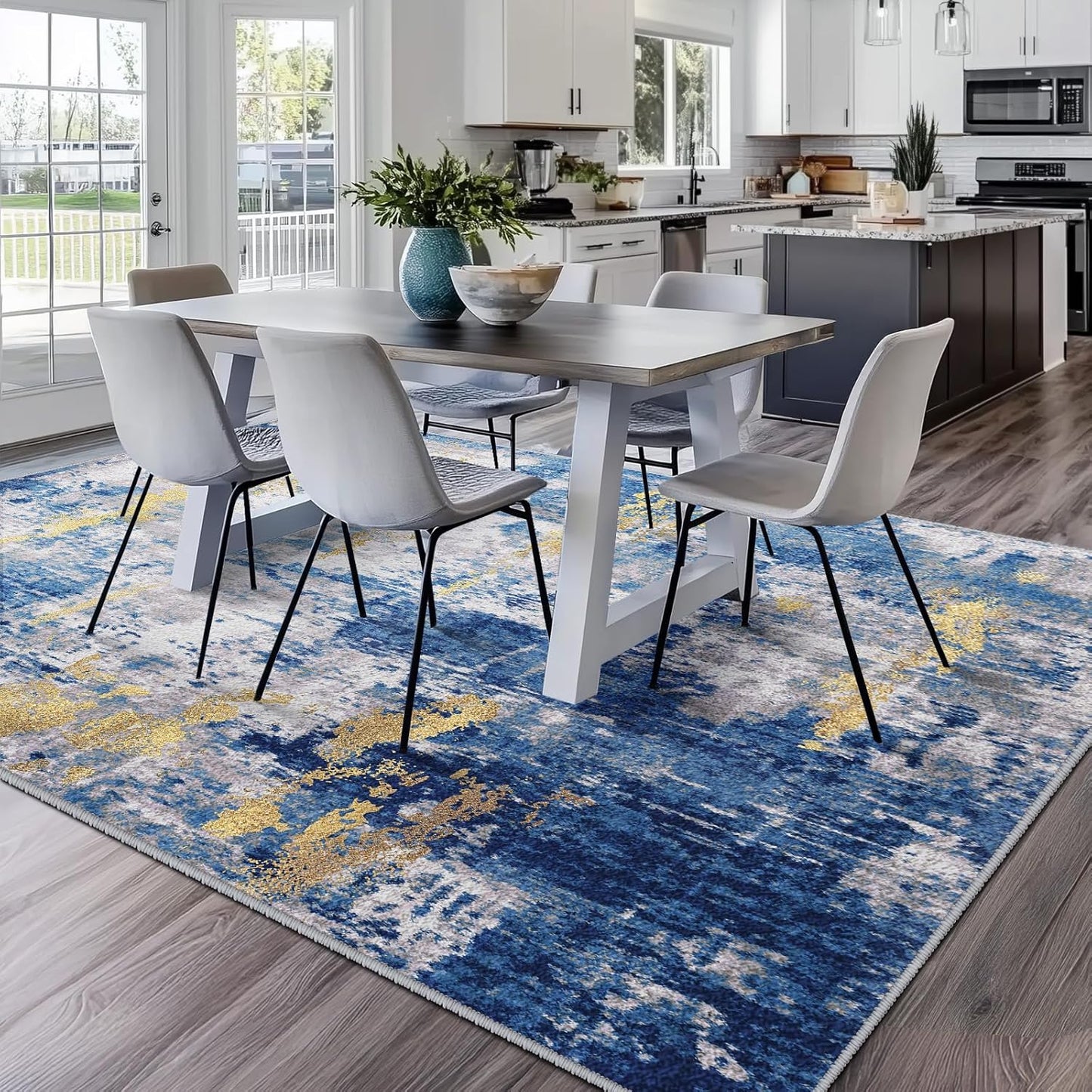 Washable Area Rugs 8'x10' Non-Slip Modern Abstract Soft for Living Room Entryway Bedroom Nursery, Print Pattern, Grey Blue Gold/Golden