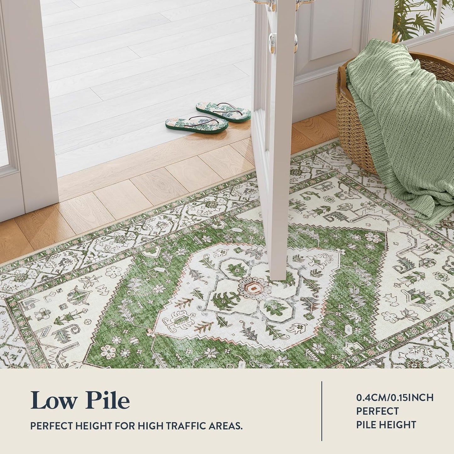 Lahome Boho Indoor Rugs for Entryway - 2x3 Area Rug Non-Slip Backing Washable Inside Door Mats Low-Profile Throw Rugs for Bathroom, Vintage Print Distressed Rug for Kitchen Bedside (Green, 2'x3')