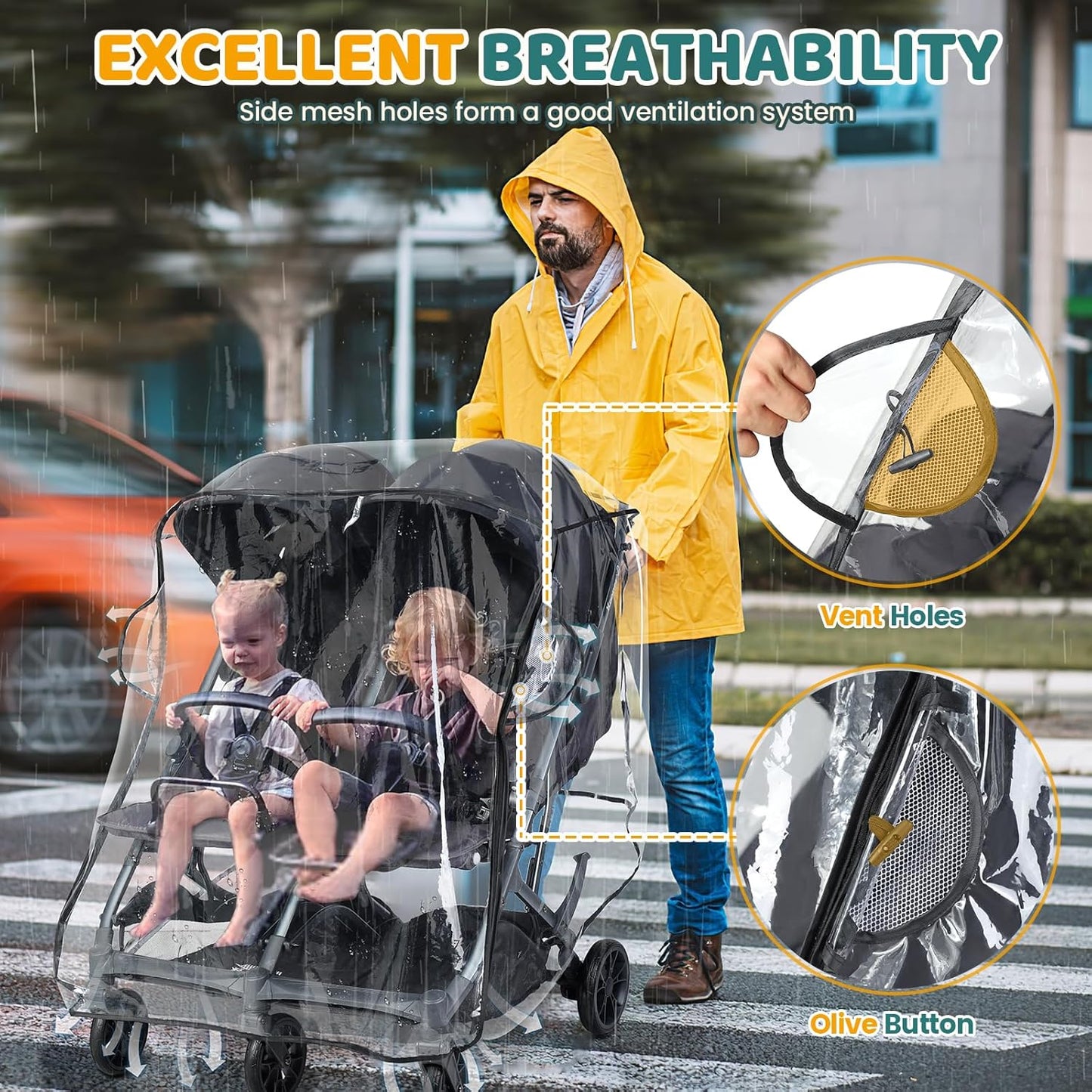 IvyWind Double Stroller Rain Cover, Universal Stroller Cover for Side by Side Baby Stroller, Breathable Weather Shield for All-Weather Protection from Rain/Snow/Dust