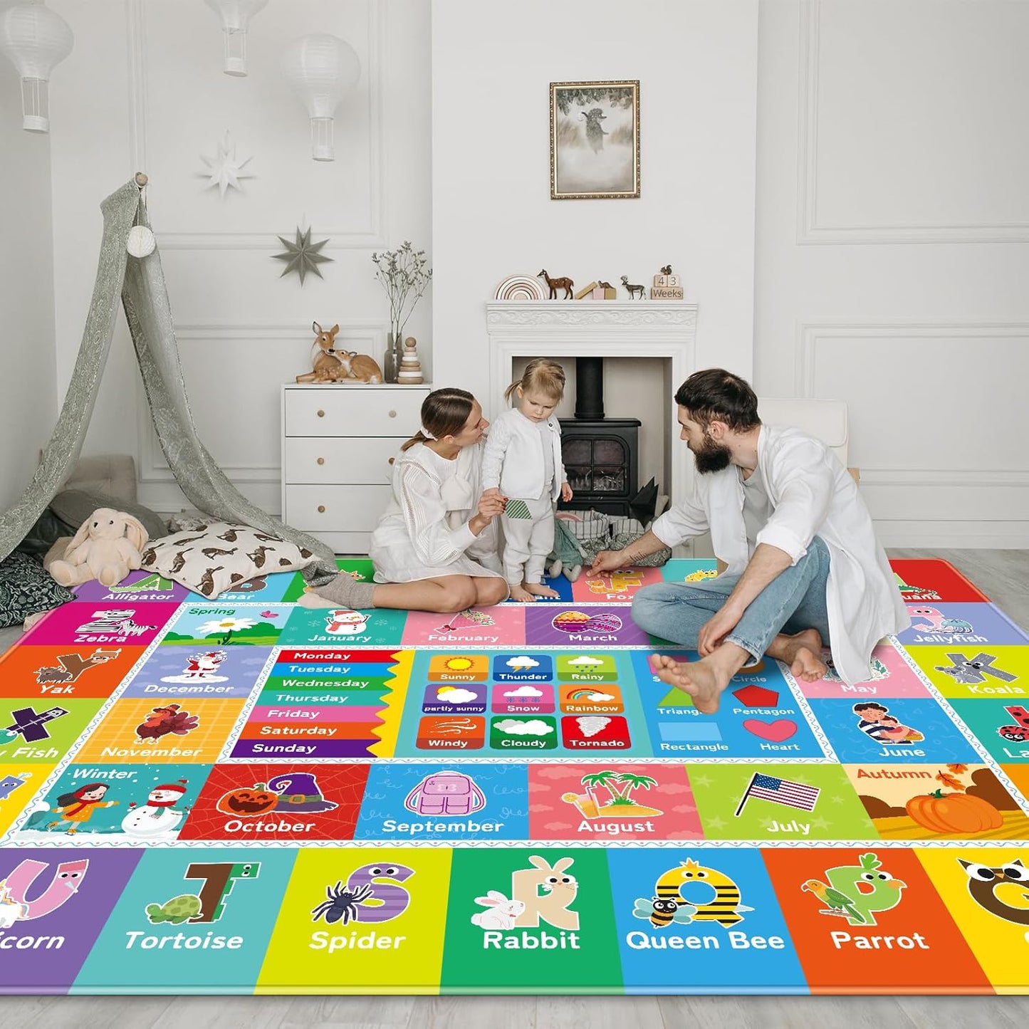 Kids Rug for Playroom, Kids Baby Playmat with Alphabet, Month, Weather, Week and Shapes ABC Educational Rug, Play Mat Carpet for Bedroom Classroom (78.7X59 INCH, Weather)