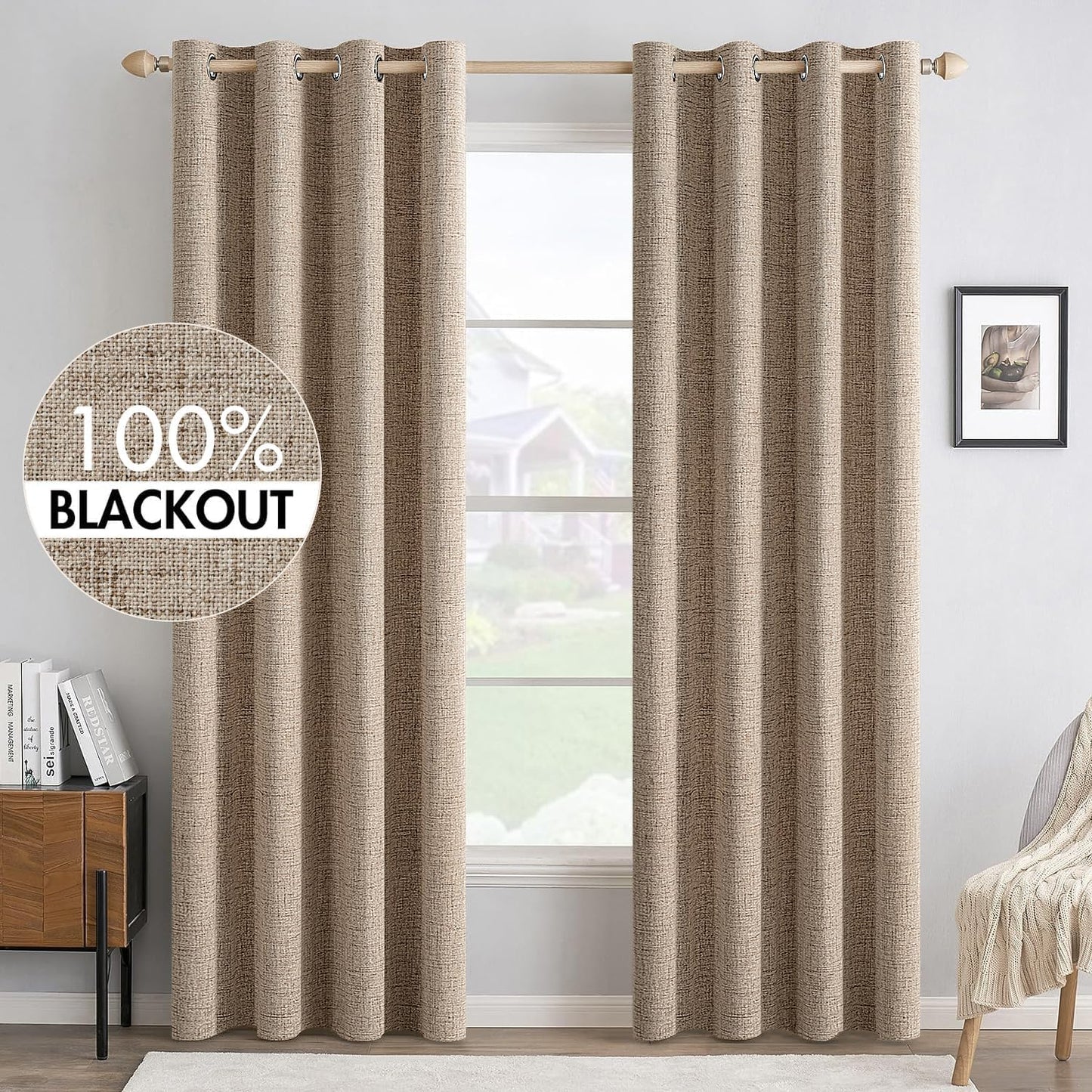 MIULEE 100% Blackout Linen Textured Curtains for Bedroom Solid Thermal Insulated Copper Brown Grommet Room Darkening Curtains & Drapes Luxury Decor for Living Room Nursery 52 x 96 Inch (2 Panels)