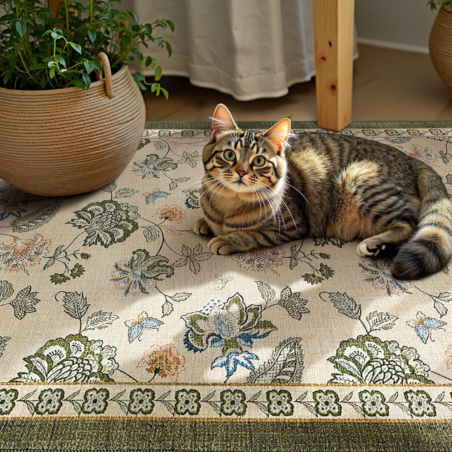 jinchan 3x5 Floral Rug for Entryway Washable Kitchen Rug Vintage Romance Design Small Mat Non Slip Indoor Doormat Lightweight Low-Profile Throw Carpet for Entrance Bathroom Laundry Room, Green/Beige