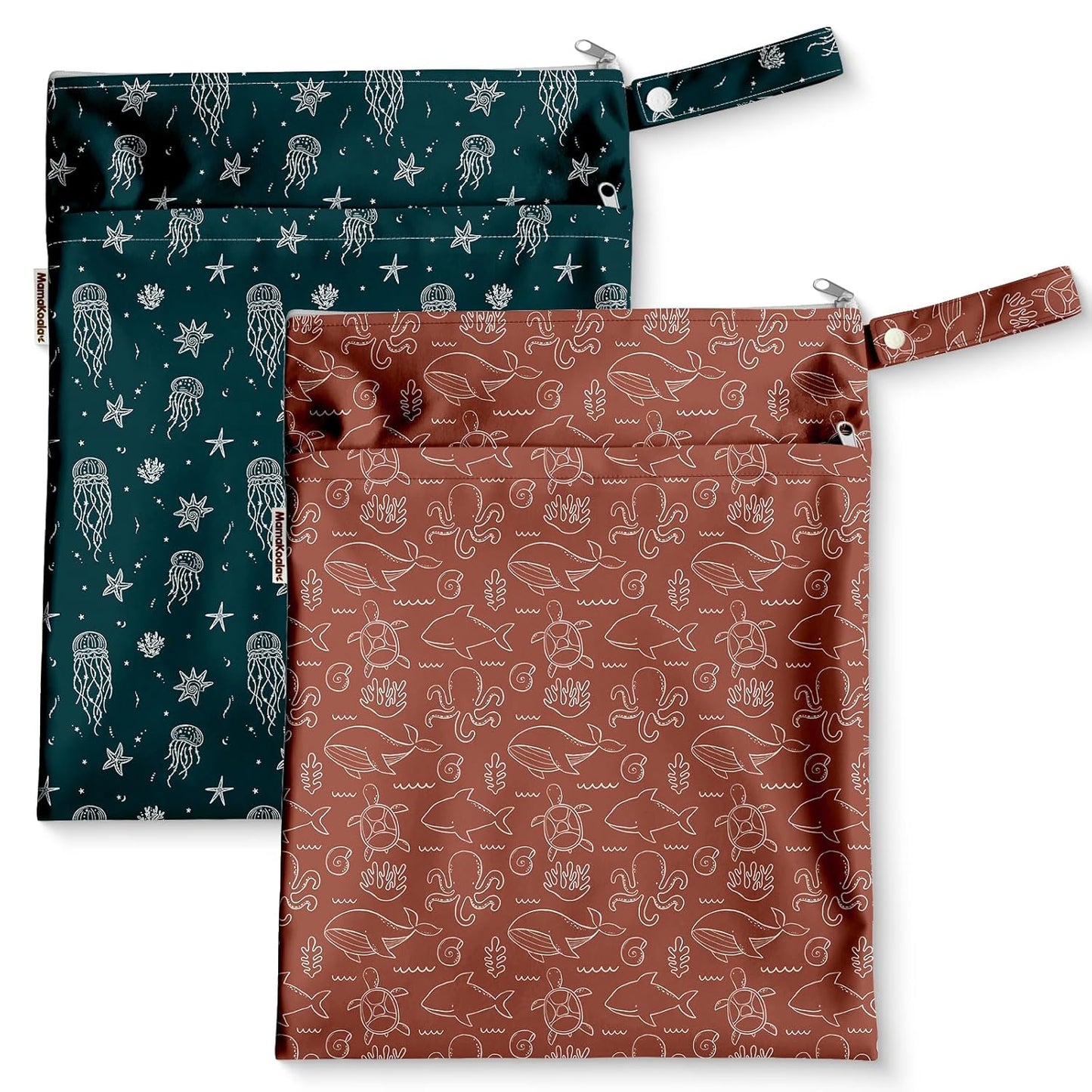 Mama Koala Waterproof Wet Dry Bags for Baby Items, Cloth Diapers, Swimsuits, Travel, Gym Clothes, Beach, Pump Parts, Toiletries, Two Zippered Pockets, 2 Pack (W020)