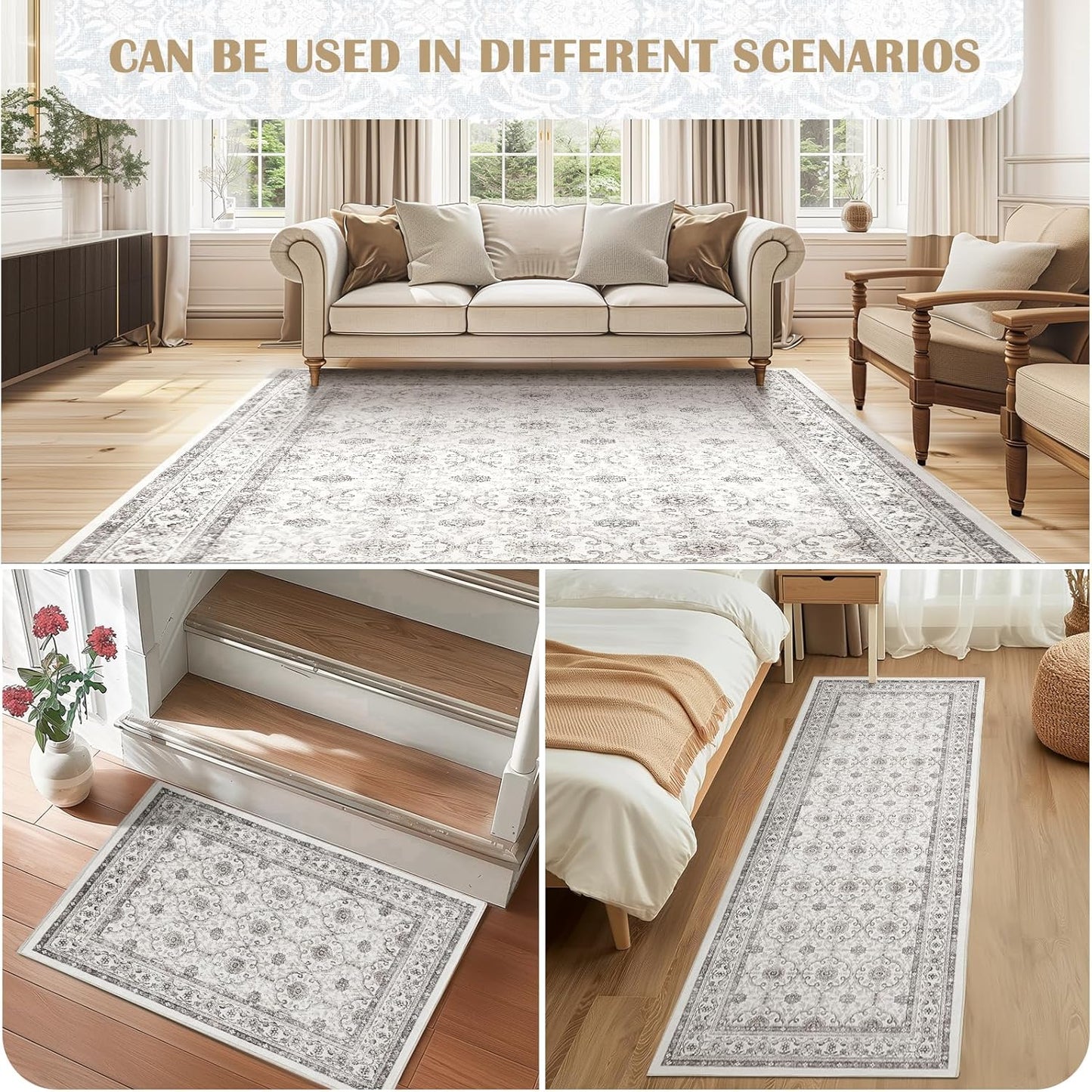 jinchan Hallway Runner Rug 3x10 - Machine Washable Beige Vintage Floral Distressed Design Soft Non-Slip Low-Pile Ultra-Thin Runner Rug for Kitchen Laundry Room Bedroom Farmhouse (3‘x10',Beige)