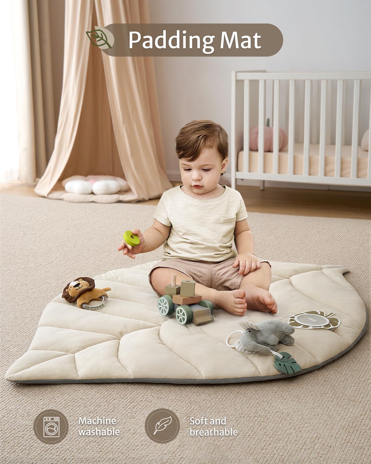 Blissful Diary Baby Play Gym & Activity Mat, Leaf Shaped Baby Tummy Time Play Mat with 6 Detachable Toys, Promotes Motor Skills & Sensory Development, Newborn Baby Essentials Gift, Oatmeal Beige