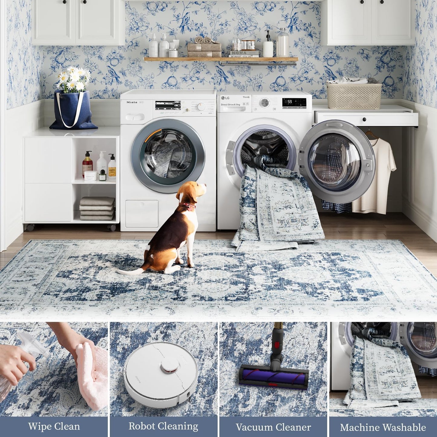 jinchan Runner Rug 2x6 Washable Hallway Runner - Vintage Floral Non Slip Low-Pile Soft Thin Kitchen Rug Distressed Carpet for Farmhouse Bedroom Entryway Laundry Room(2x6ft,Dark Blue)