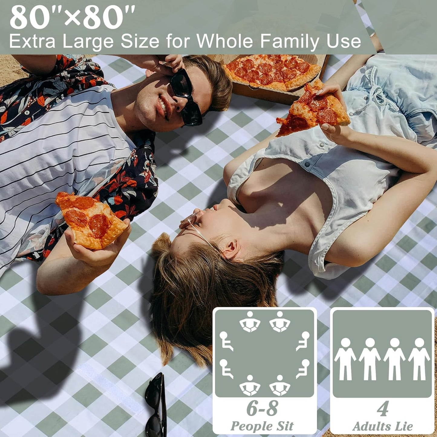 80"x80" Extra Large Waterproof Outdoor Mat - Sandproof Foldable Picnic Blanket for Family Camping, Backyard, Beach Parties - Heavy Duty & Easy Storage (Green&White)