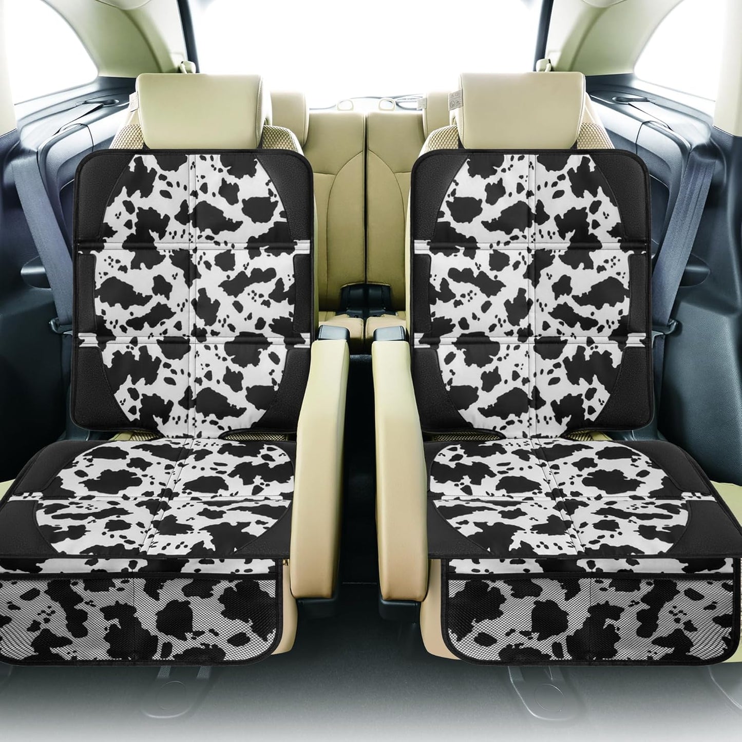 Car Seat Protector for Child Car Seat, 2 Pack Baby Car Seat Covers with Mesh Pockets & Non-Slip Backing 600D Durable Seat Protector Under Baby Car Seat for Car Back Seat (Cow Print, Large)