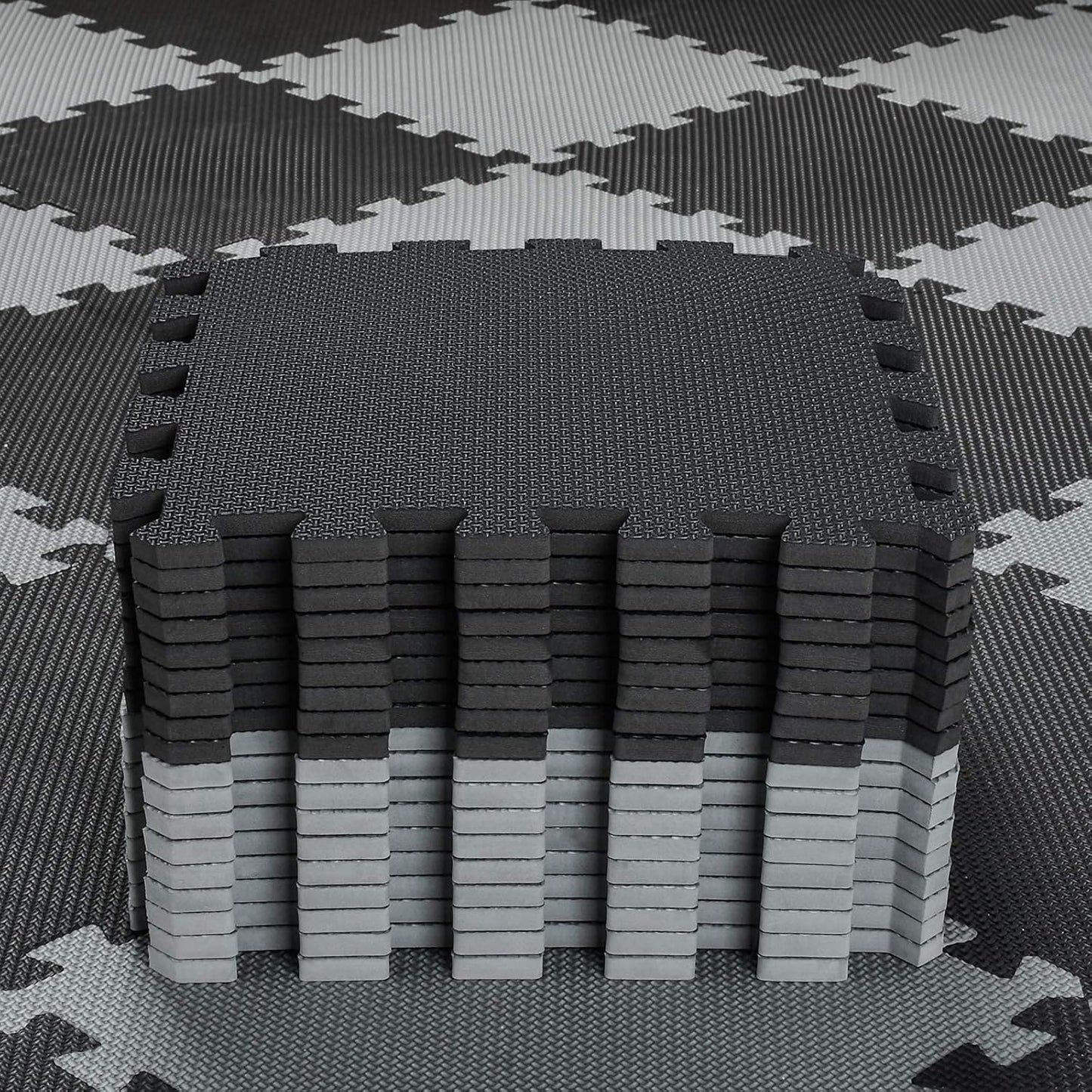 qqpp EVA Rubber 18 Tiles Interlocking Puzzle Foam Floor Mats - Baby Play Mat for Playing | Exercise Mat for Home Workout. Black, Gray. QC-DLb18N