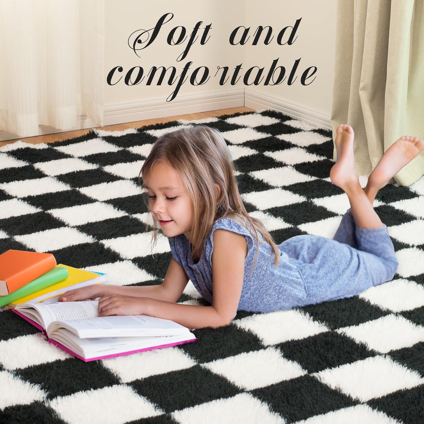 Super Soft Rug for Bedroom, 6x9 Ft Black and White Area Rug Classic Checkered Shaggy Anti-Skid High Pile Soft Fluffy Rug Fuzzy Carpet for Living Room Bedroom Kids Room Nursery, Dorm Home Decor