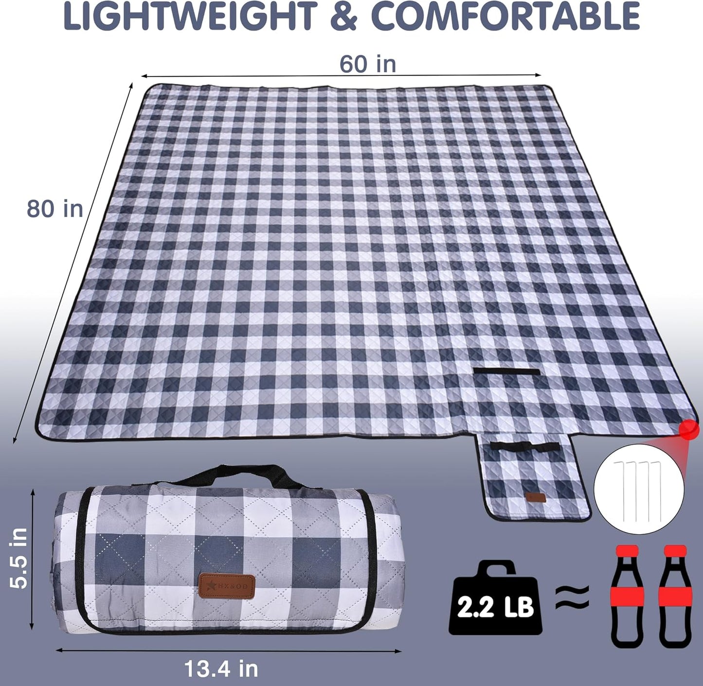 HX&OD Outdoor Picnic Blanket, Extra Large, 80''x60'' Waterproof Foldable Blankets Gingham Picnic Mat for Beach, Camping Grass Lawn Park Accessories Cute Couple Ideas Wedding (Gray, 80”x60”)