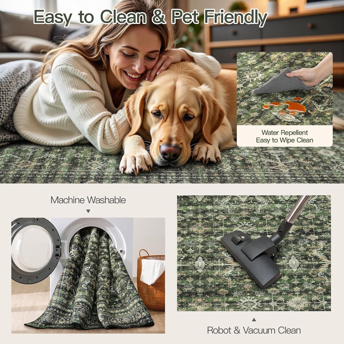 Lofus 5x7 Area Rug for Living Room,Green Washable Area Rugs with Non-Slip Backing,Soft Boho Carpets for Bedroom Dining Room Home Office Indoor Nursery