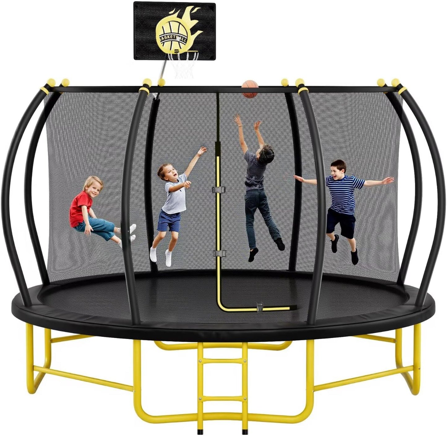 14FT Pumpkin Trampoline with Basketball Hoop, Balance Bar and Enclosure Net, Outdoor Trampoline for Kids and Adults, Capacity 880 lbs