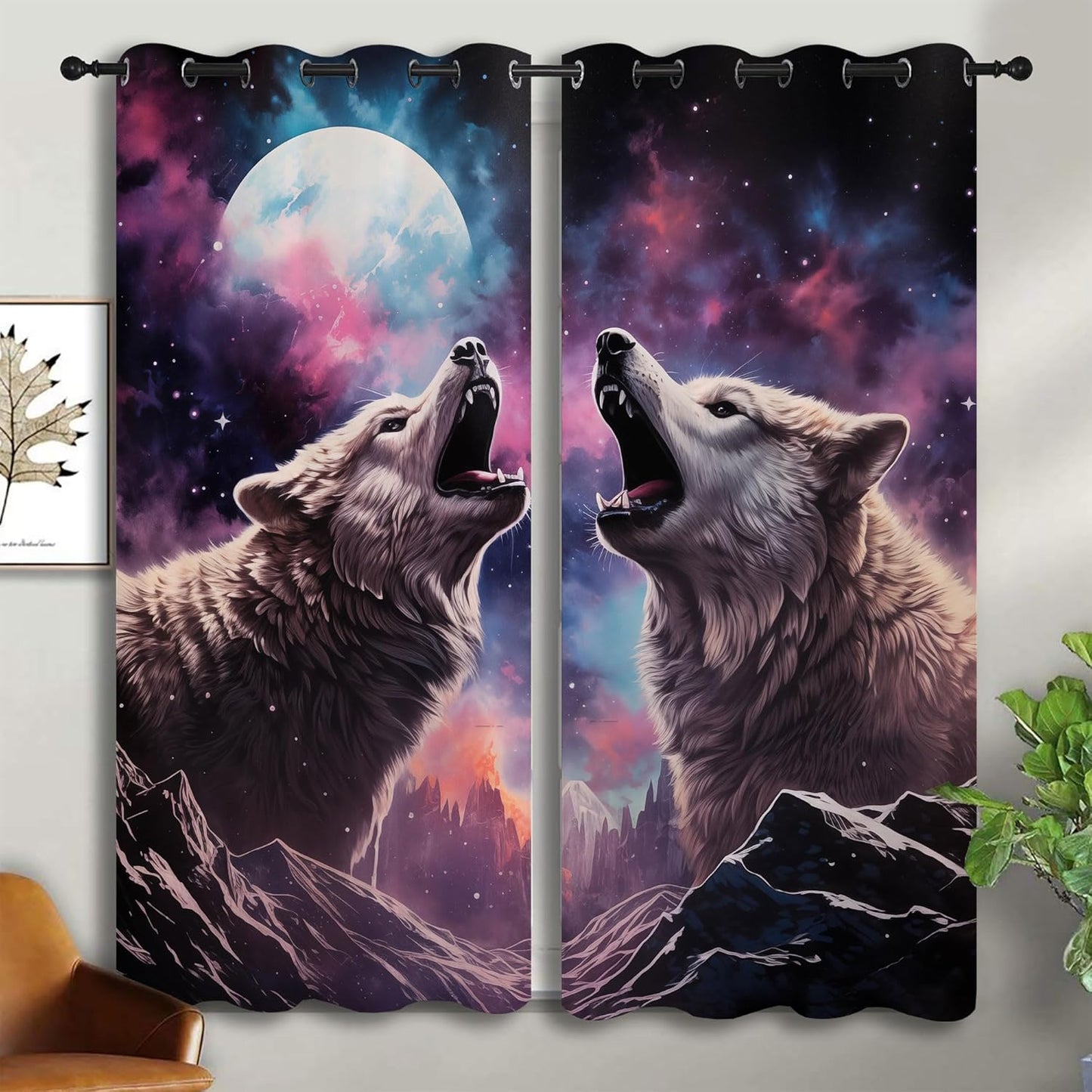 Wolf Blackout Curtains for Boys Girl Bedroom Decor,Fantasy Starry Sky Galaxy Forest Wildlife Thermal Insulated Grommet Drapes Darkening Window Curtain for Living Room Home 42x45 inch