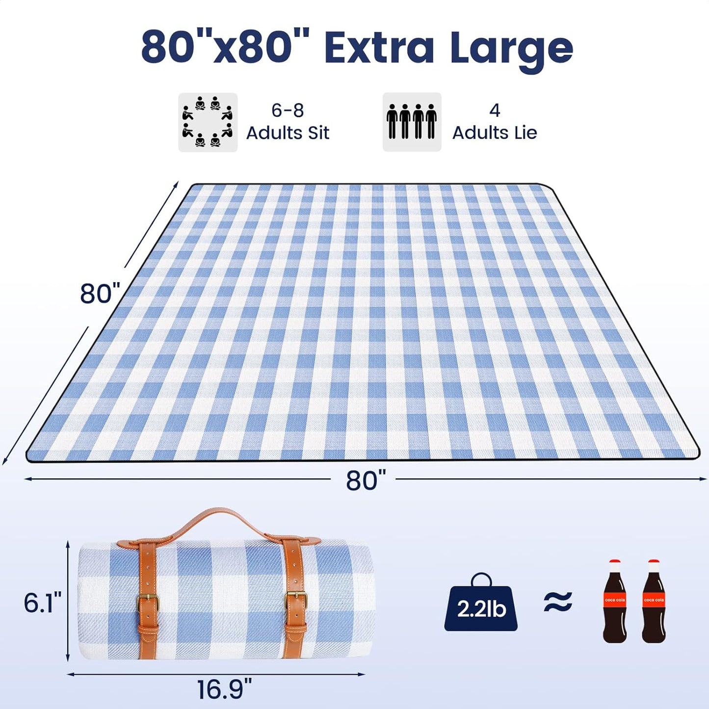 sapsisel 80”x 80” Picnic Blanket Extra Large, Waterproof and Foldable Beach Blanket, 3-Layer Outdoor Blanket for 6 to 8 Adults, for Camping, Park, Beach, Grass, Indoors…