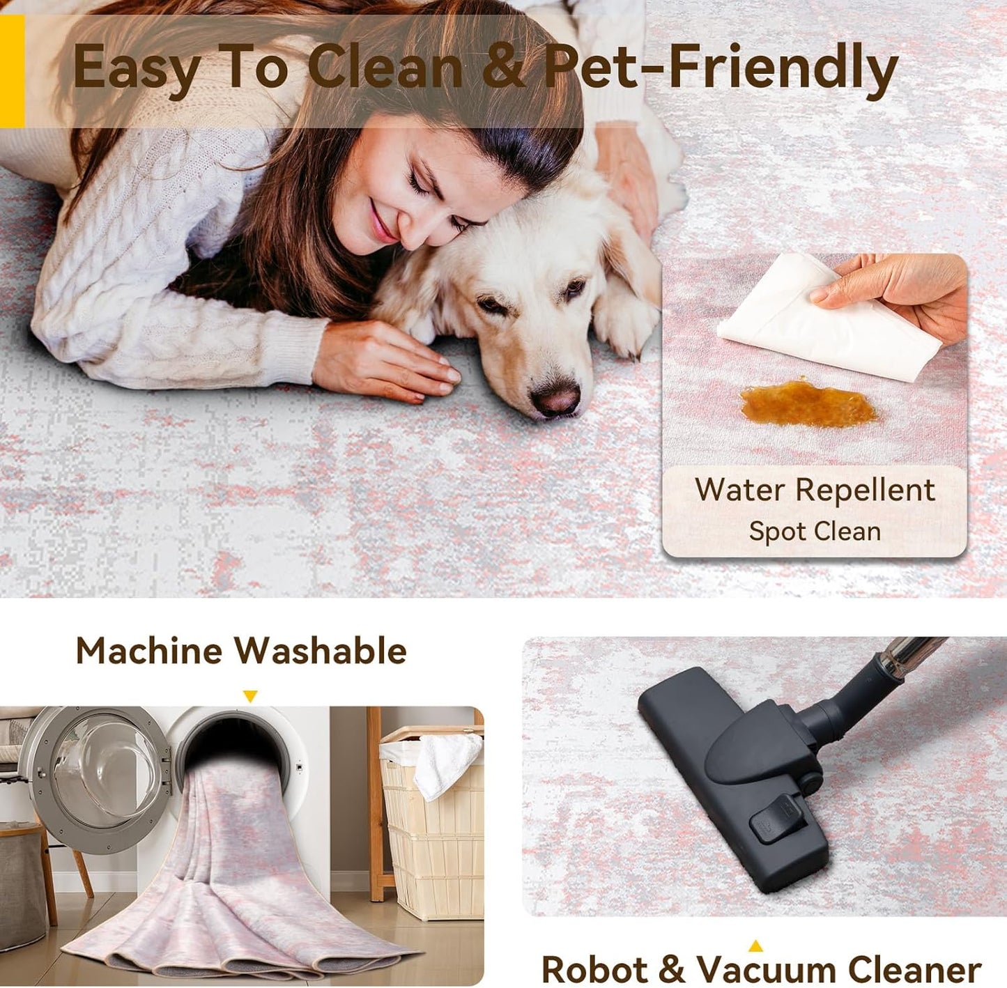 Washable Area Rugs 5'x8' Non-Slip Modern Abstract Soft for Living Room Entryway Bedroom Nursery, Print Pattern, Grey Pink