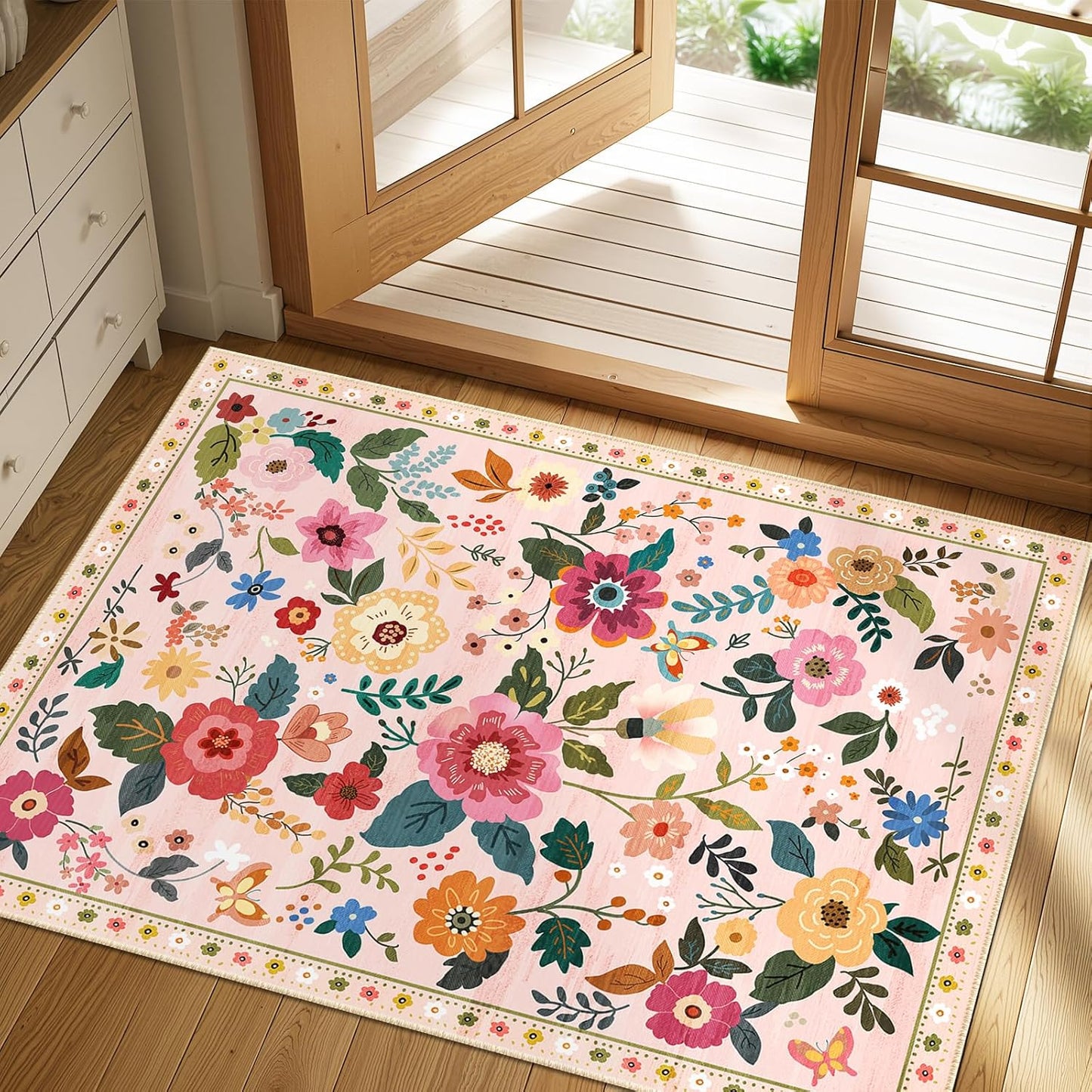 Floral 2x3 Area Rug Machine Washable Soft Print Boho Carpet Non Slip Doormat Low Pile Flower Area Rugs for Living Room Bedroom Nursery Kitchen Dining Room Indoor-Pink