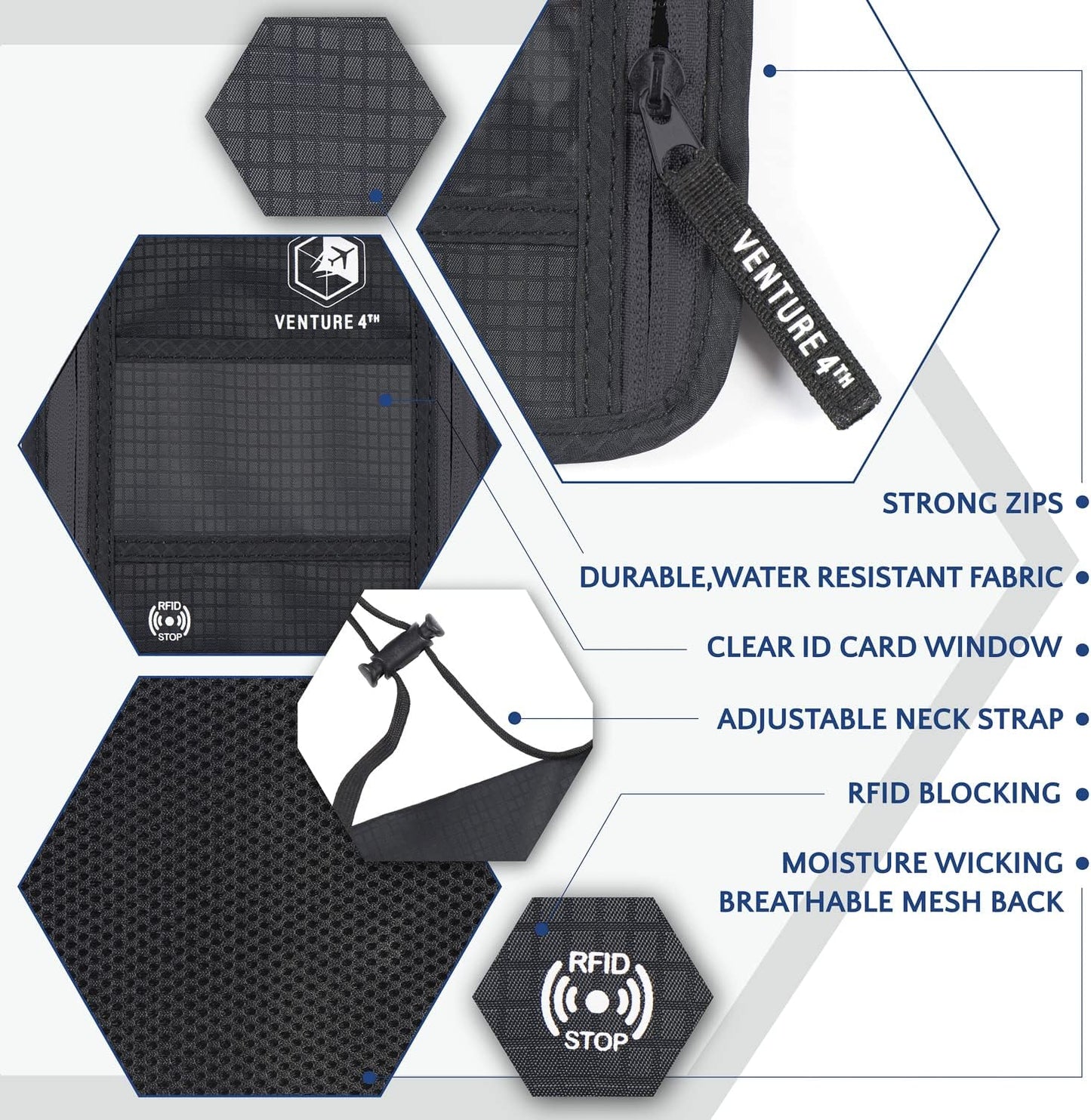 VENTURE 4TH Passport Holder Neck Wallet with RFID Blocking Nylon Lining - Hidden Neck Pouch for Travel (Pure Black)