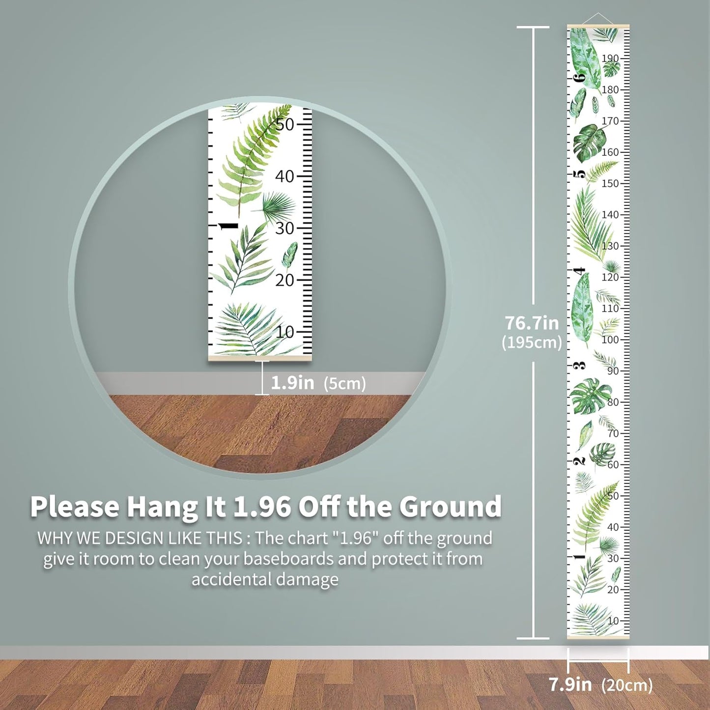 Growth Chart for Wall Height Measurement Ruler Kids Room Playroom Essentials Toddler Bedroom Nursery Home Canvas Green Plant Wall Decor 79"x7.9"