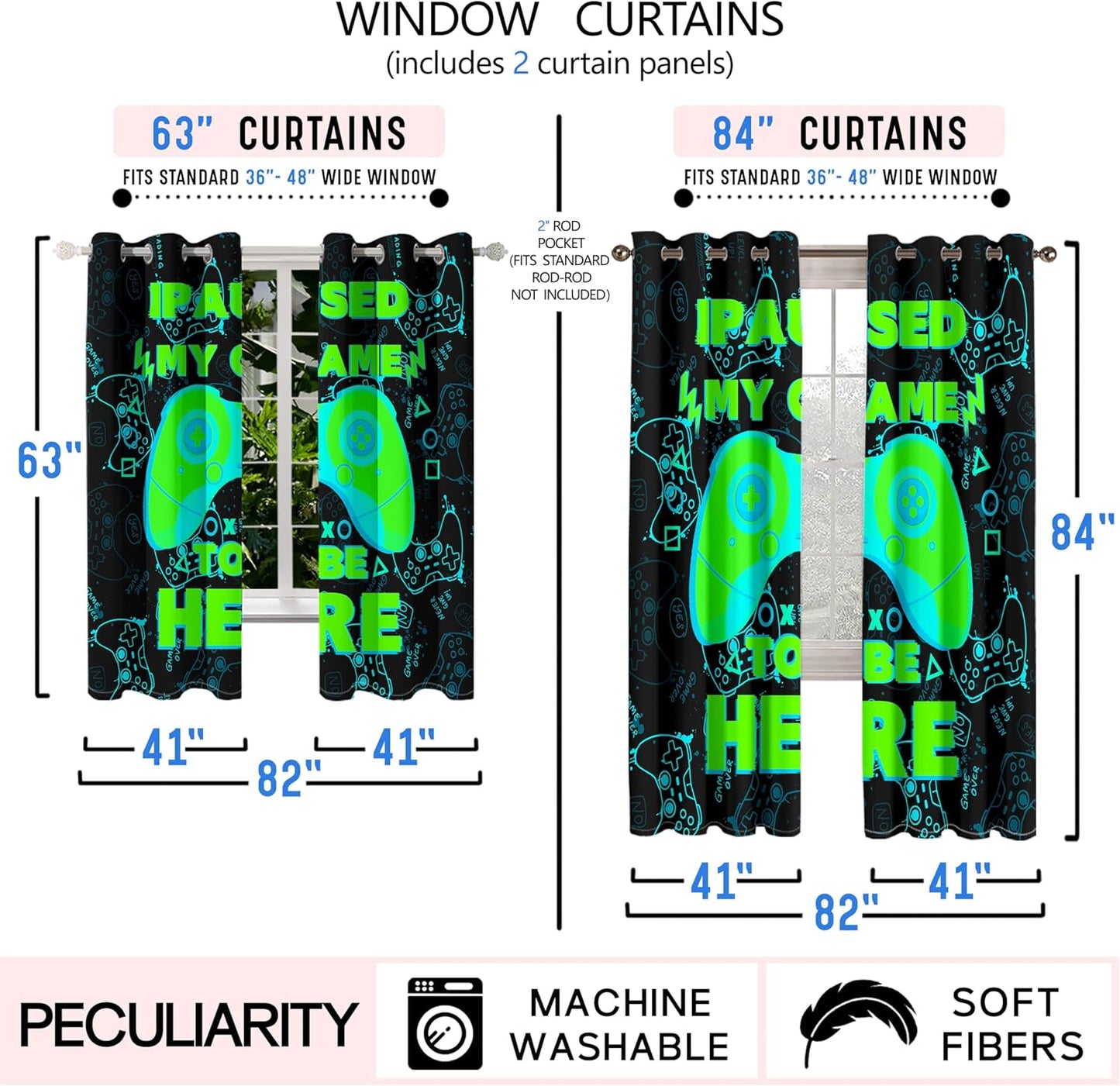 Gaming Curtain for Boys - 2Pcs Gamer Curtain Panels for Boys Bedroom Blackout Drapes Modern Games Patterns Windows Curtains Green Game Room Decor Grommet Top Thermal Insulated Curtains, 82" x 63"