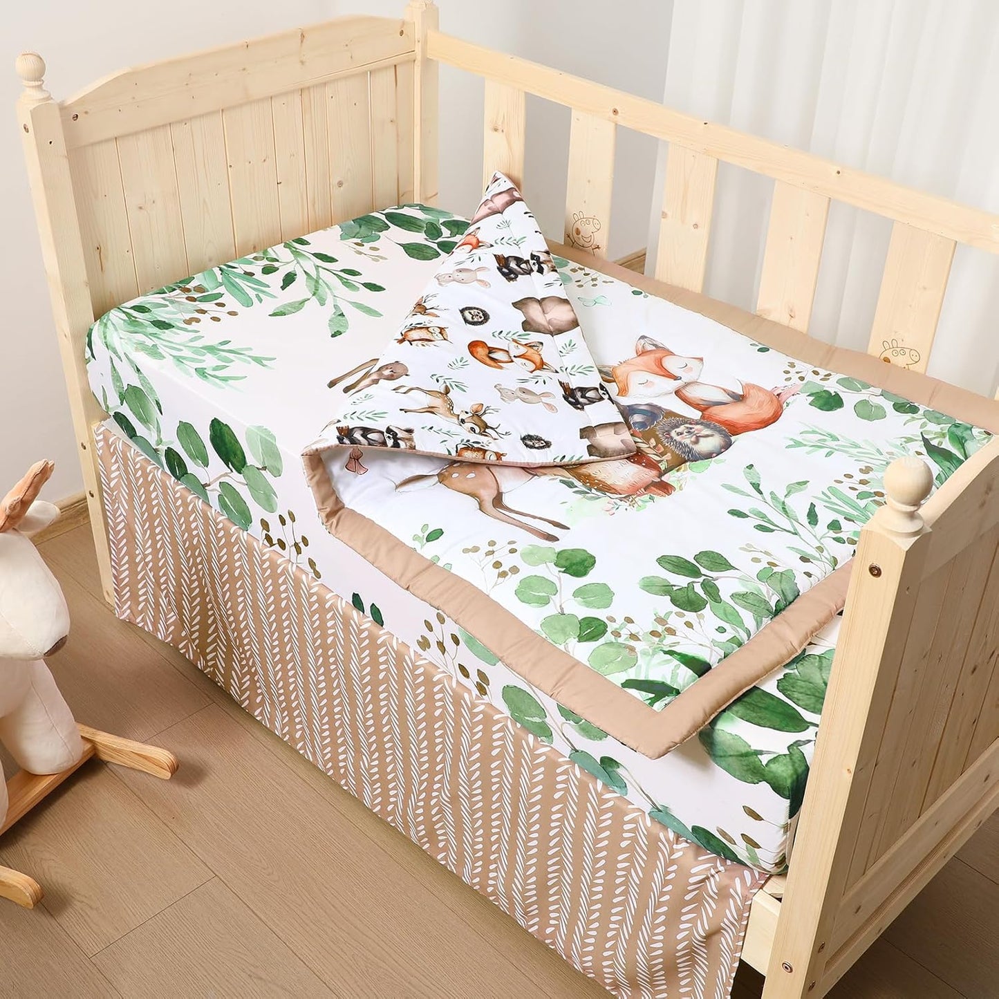 3 Pcs Baby Crib Bedding Set Safari Animals Dinosaurs Bear Woodland Animals Jungle Crib Set Includes Quilt, Fitted Sheet, Skirt for Baby Boy Girl(Green,Woodland Raccoons Deer Etc.)