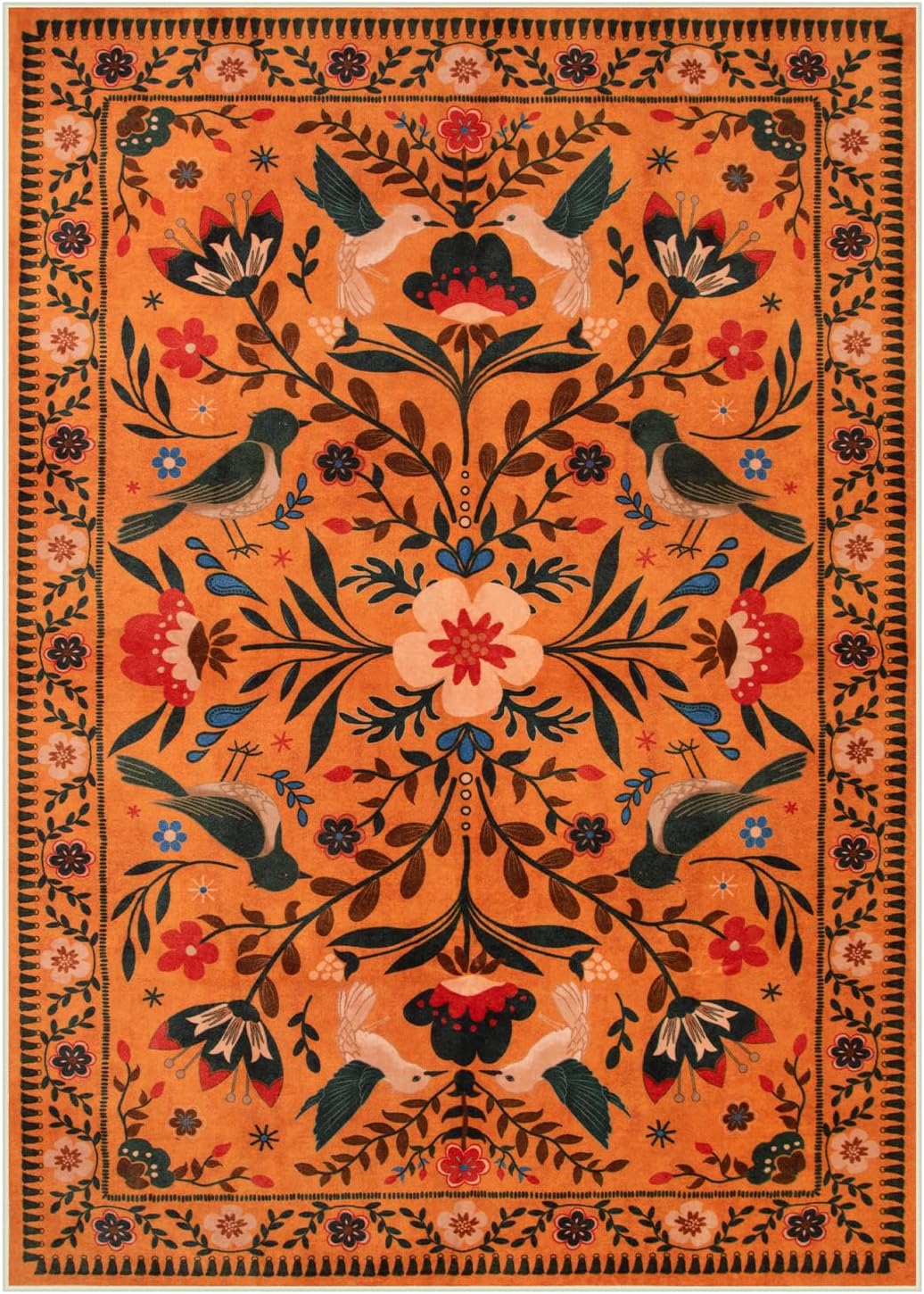 Moynesa Washable Area Rugs 5x7, Ultra Thin Soft Rugs for Living Room Bedroom Non Slip, Indoor Boho Bird Patterned Orange Floral Throw Carpet for Playroom Office Kitchen Stain Resistance