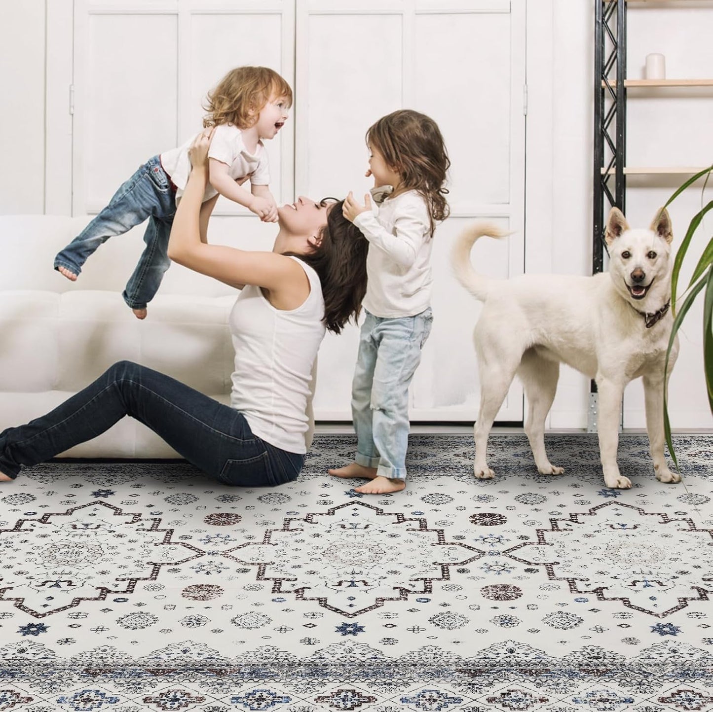 Washable Rugs 5x7 Area Rugs for Living Room, Thin carpet for Bedroom, Soft Faux Wool Retro Dining Room Rug，Non Slip&Non-Shedding Resistant Low Pile Vintage Print Rug for Home Office (White Cream/Gray)