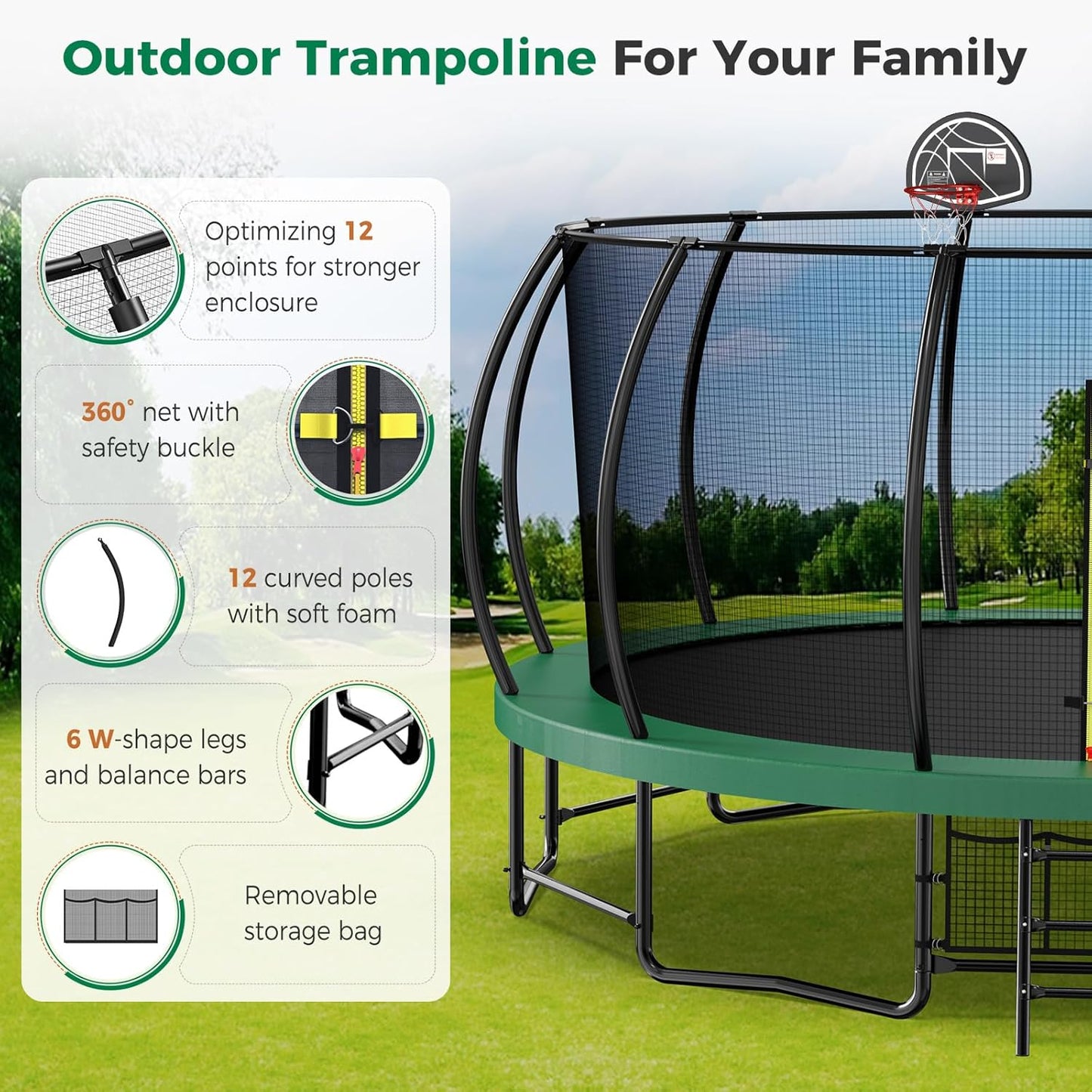Tatub Large Trampolines Outdoor 10 12 14 15 16FT for Kids and Adults,Outdoor Recreational Pumpkin Trampolines with Curved Poles and Safety Enclosure Net, Basketball Hoop, Ladder