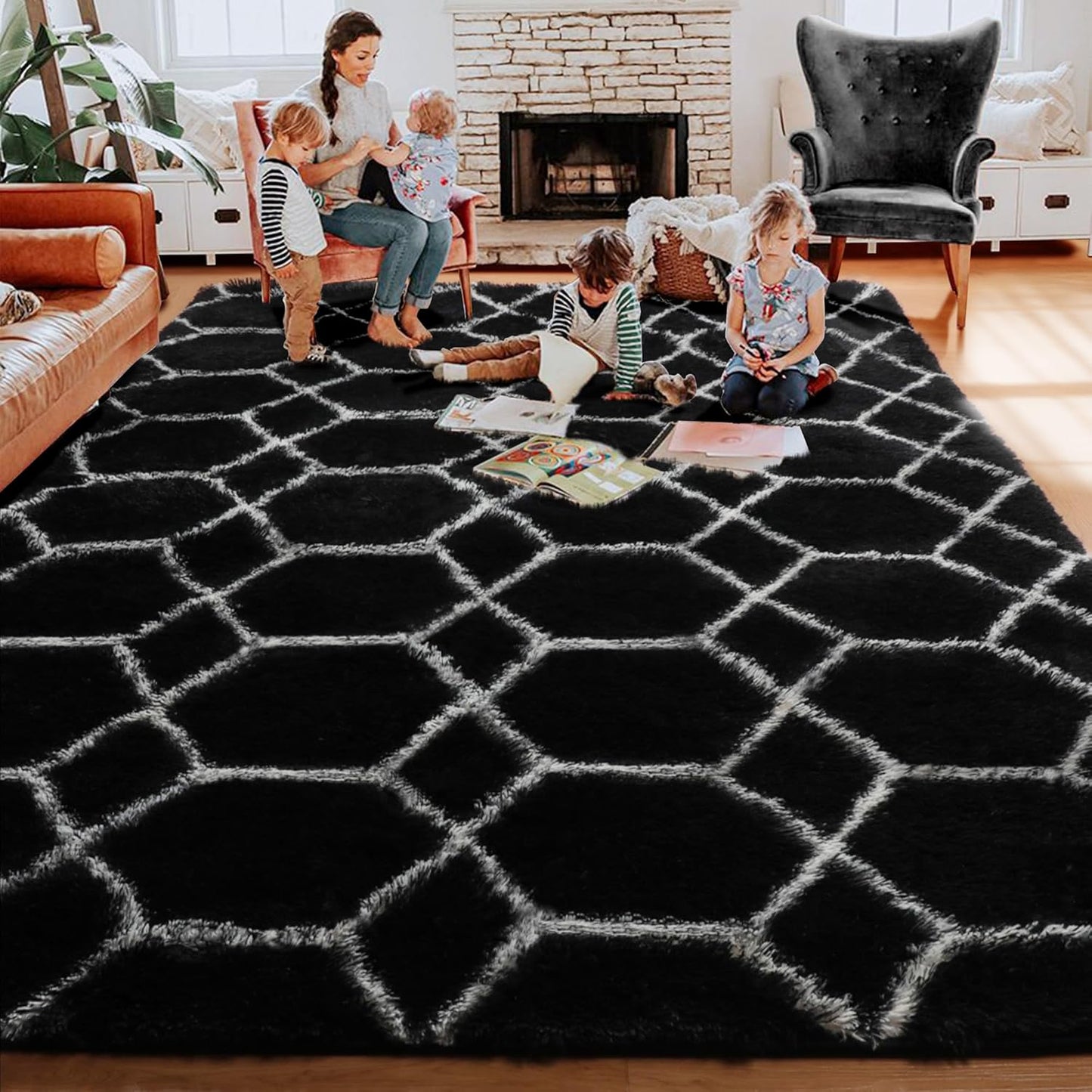 ONASAR 8x10 Area Rugs for Living Room, Fluffy Black and White Bedroom Rug, Washable Geometric Boho Large Soft Plush Shaggy Fuzzy Floor Carpet for Nursery Kids Classroom Playroom Dorm Home Decor