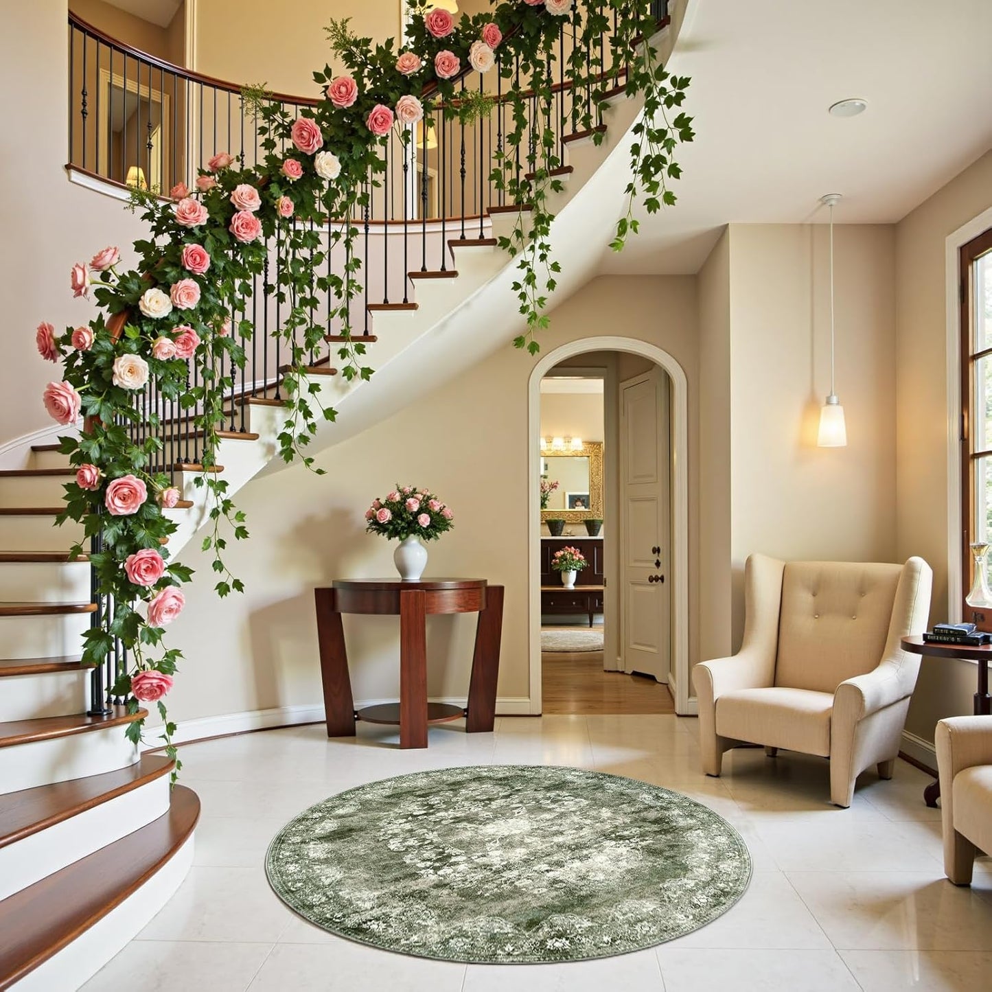 jinchan Round Rug 4ft Area Rug - Green Vintage Floor Mat Kitchen Indoor - Washable Circle 4' Thin Floral Print Carpet Retro Farmhouse Non Slip Dining Room Living Room Bedroom Office