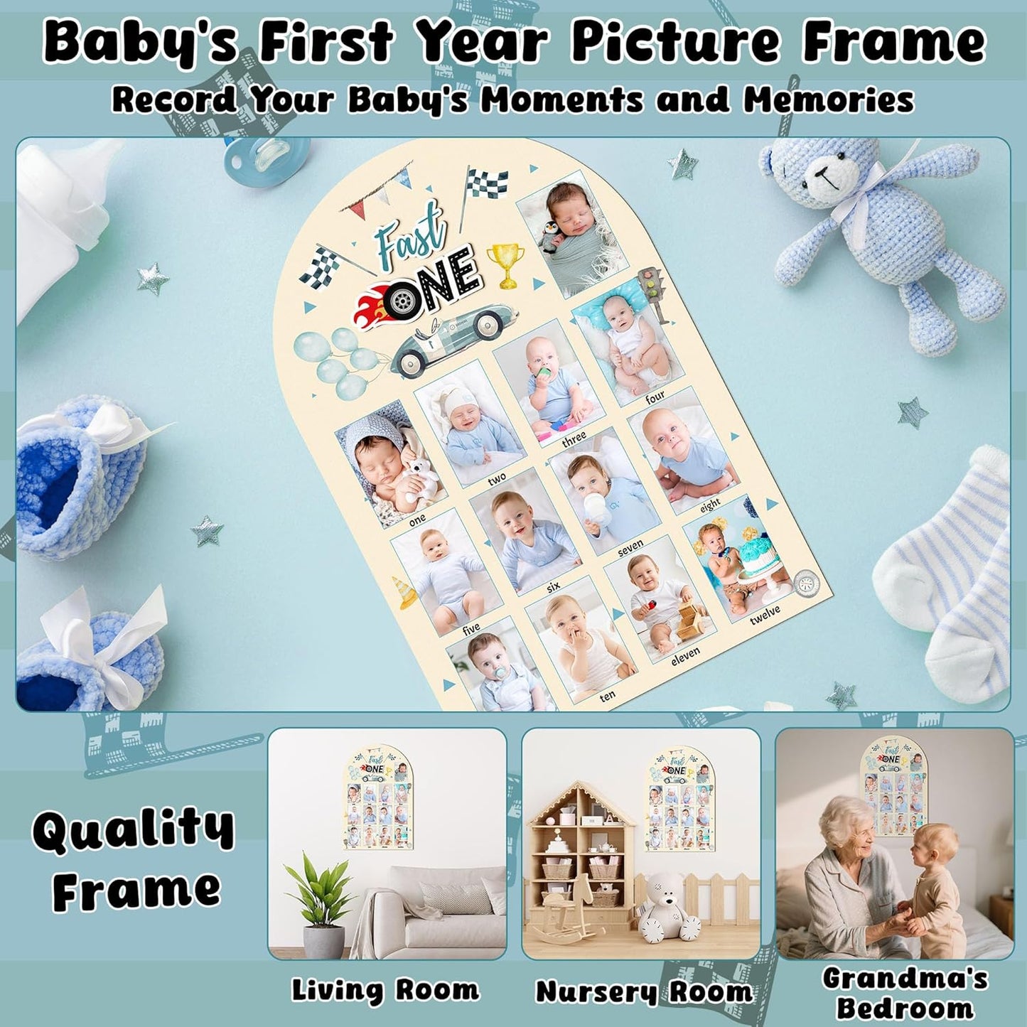 R HORSE My First Year Photo Display Wood Board - 3D Race Car Baby's First Year Picture Frame, 12 Months Milestone Board Neutral Baby Keepsake Gift One Year Old Birthday Nursery Decor for Boy