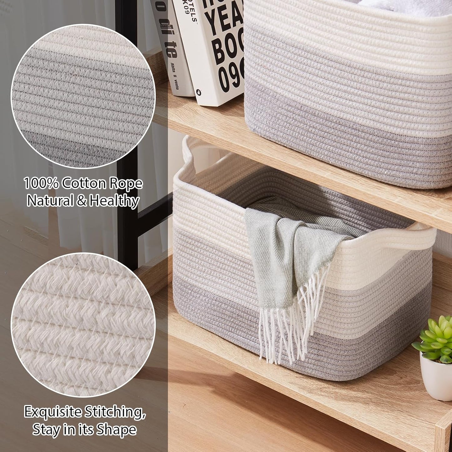 Storage Baskets for Organizing, Woven Baskets for Shelves, Rectangle Decorative Organizer for Storage Clothes, Toy, Books, Towels Nursery Bins 3 Pack (Gradient Grey)