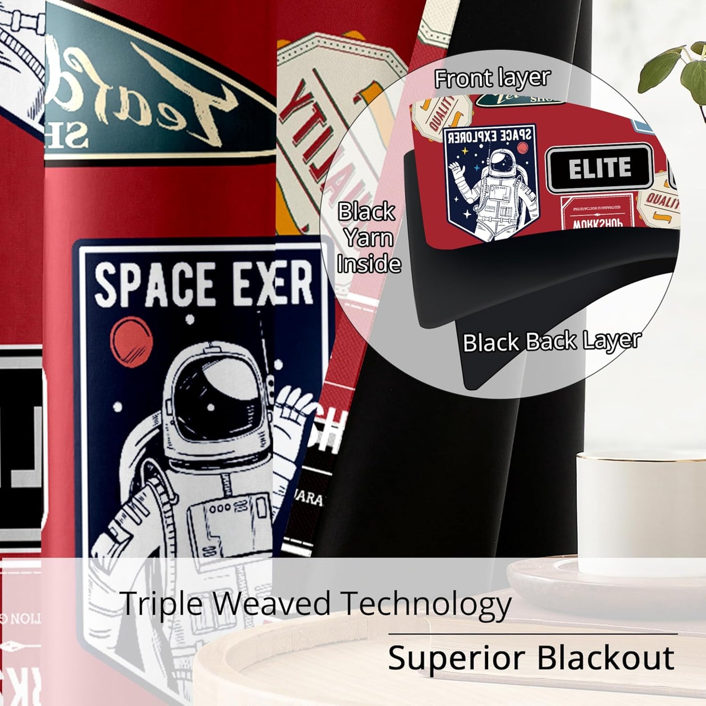 Kids Space Astronaut Blackout Curtains - 100% Blackout, Thermal Insulated, Noise Reducing, Perfect for Kids Room and Nersury, 2 Panels (Space Badge Crew, W52×L84)