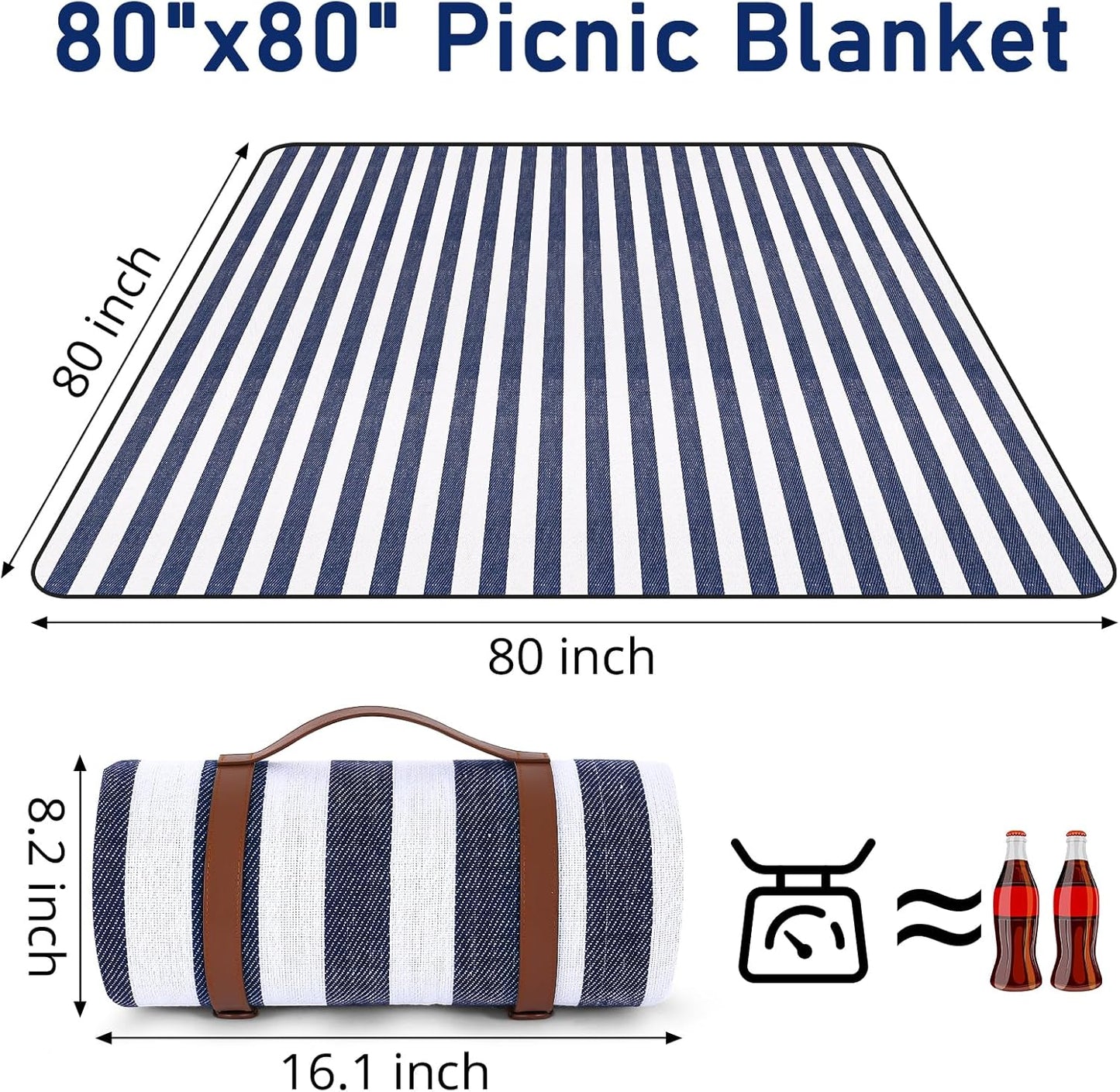 Striped Picnic Blankets 80” x 80” Extra Large Waterproof and Foldable Beach Blanket, Oversized Blue and White Outdoor Blanket for Camping, Travel, Park, Grass, Patio (Blue & White, 80" x 80")