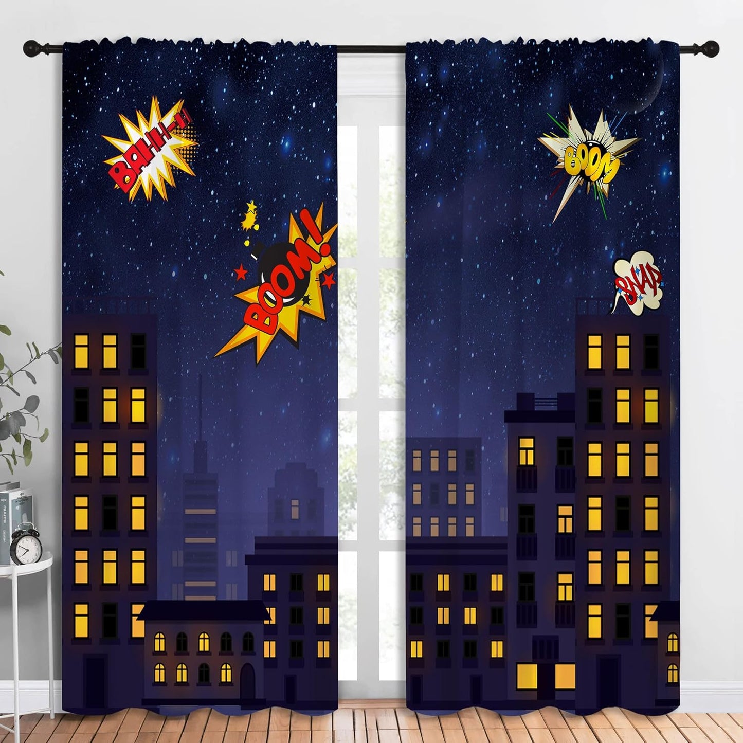 Super Hero Rod Pocket Blackout Curtains for Boy Girl Bedroom, Exploding City Starry Cartoon Skyline Thermal Insulated Home Window Drapes for Living Room Darkening, 84x72 inch