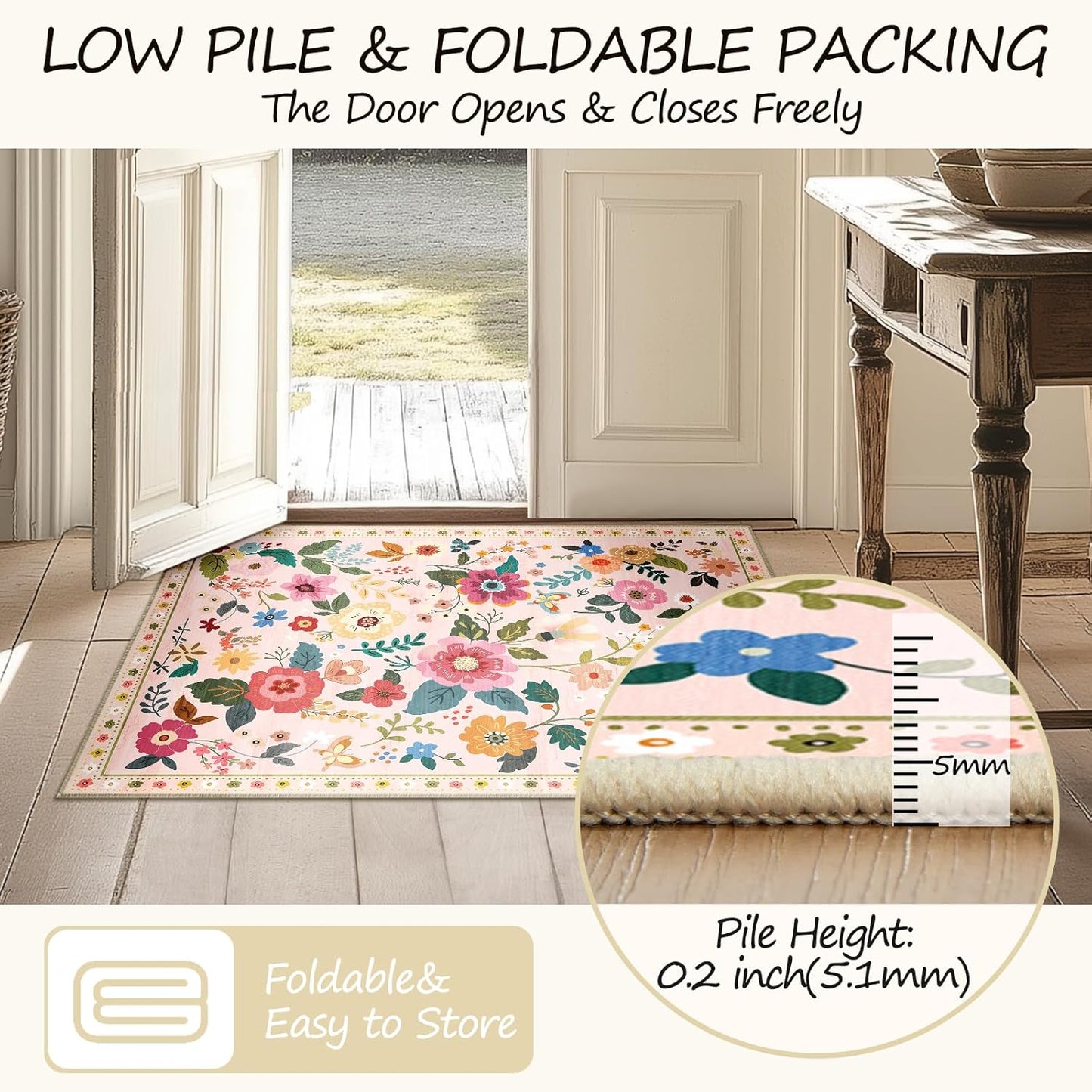 Floral 8x10 Area Rug Machine Washable Soft Print Boho Carpet Non Slip Doormat Low Pile Flower Area Rugs for Living Room Bedroom Nursery Kitchen Dining Room Indoor-Pink