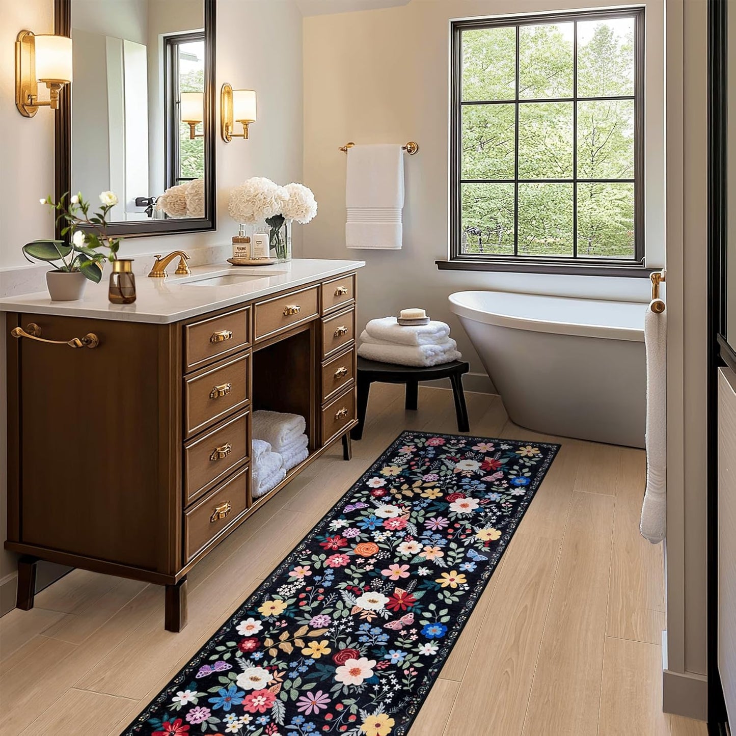 Runner Rug for Entryway: 2.6x8 Kitchen Rugs Non Slip Washable Ultra-Thin Soft Floral Carpet Indoor Floor Stain Resistant Carpets for Hallway Bedroom Kitchen Laundry Bathroom Dorm Black