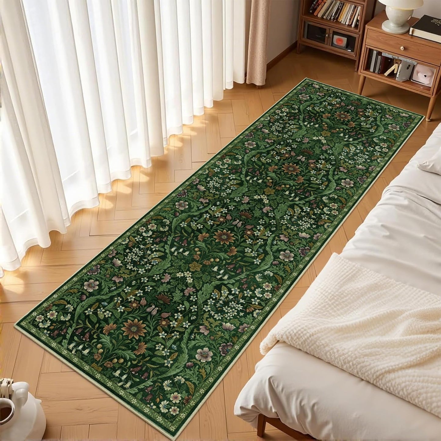 2x6 Washable Runner Rug,Dark Green Floral Boho Area Rug for Hallway,Low-Pile Non-Slip Stain Resistant Carpet for Kitchen, Bedside,Laundry Room,Entryway