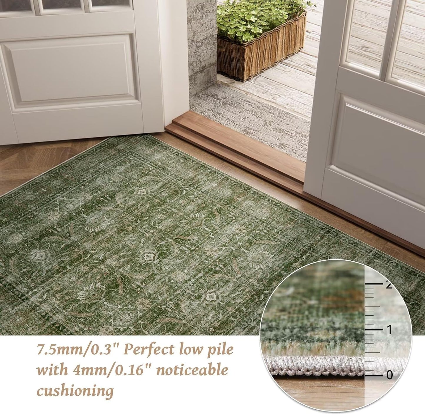 Washable 8x10 Area Rugs for Living Room, Boho Non-Slip Silicone Backing Rugs for Bedroom Dining Room Nursery Office, 0.3" Neutral Oriental Throw Carpet with 0.16" Cushioning Pad, Grass Green/Multi