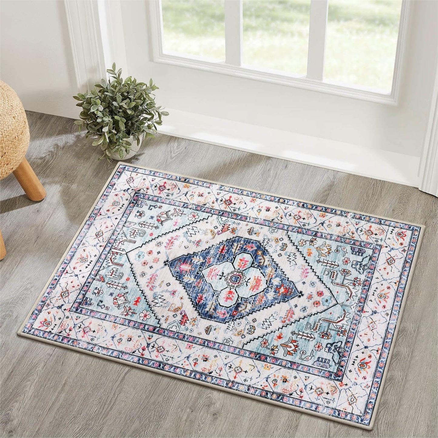 Lahome Boho Round Rug - 8Ft Washable Area Rug, Non-Slip Small Bathroom Rug, Lightweight Bedroom Throw, Oriental Distressed Print Carpet for Entryway, Sofa, Nursery, Kids Room