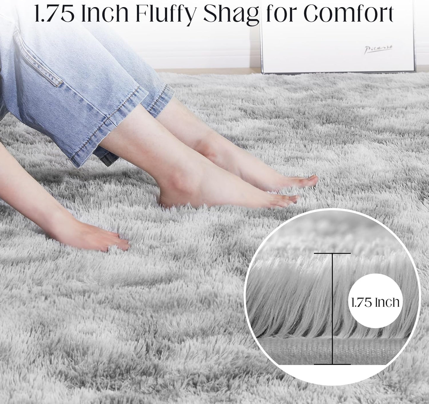 6x9 Area Rugs for Living Room, Fluffy Shaggy Bedroom Rug Indoor Carpet, Anti-Skid Soft High Pile Rug for Nursery, Kids Room, Bedside, Home Decoration, Tie-Dyed Light Grey