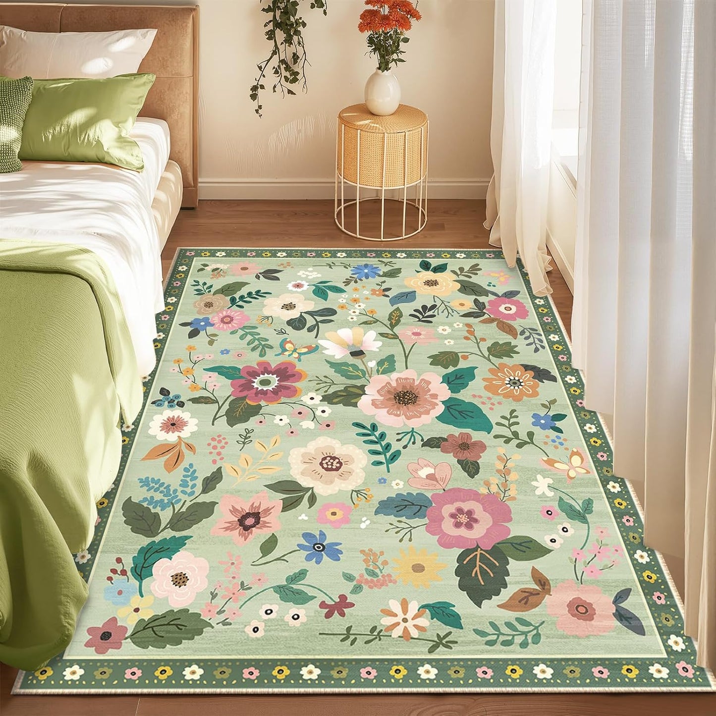 Floral 3x5 Area Rug Machine Washable Soft Print Boho Carpet Non Slip Doormat Low Pile Flower Area Rugs for Living Room Bedroom Nursery Kitchen Dining Room Indoor-Light Green