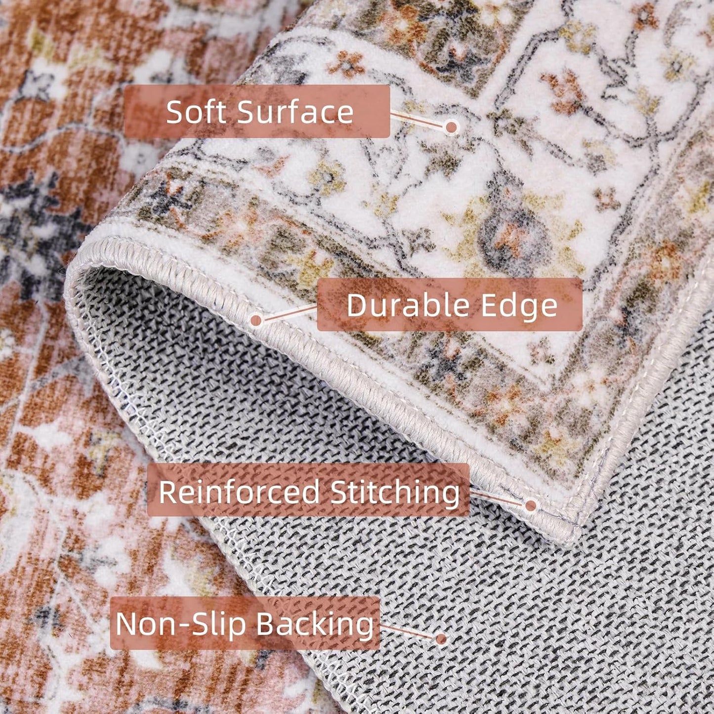 Deerly Boho Rug Runner - 2x7 Washable Kitchen Rugs with Non Slip Backing, Non-Shedding Floral Soft Rug Runners for Hallways Vintage Long Rug for Bathroom(Border Brick Red 2x7ft)