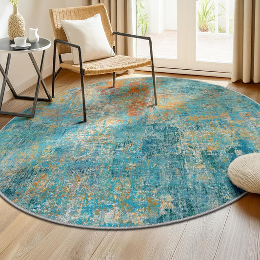 Washable Area Rugs 6ft Non-Slip Modern Abstract Soft for Living Room Entryway Bedroom Nursery, Print Pattern, Teal Blue Green Orange Rust Red Colorful