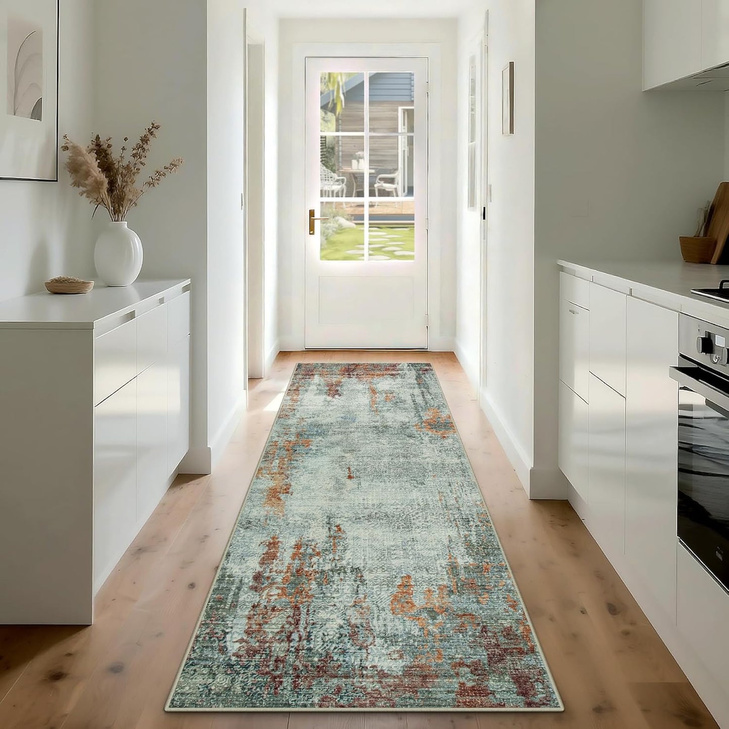 Runner Rug for Hallways Kitchen 2'6"x8' Washable, Non Slip Carpet 8ft Area Rugs Entryway Rubber Backed 8 Feet Neutral Abstract Modern Low Pile Indoor Red Brown