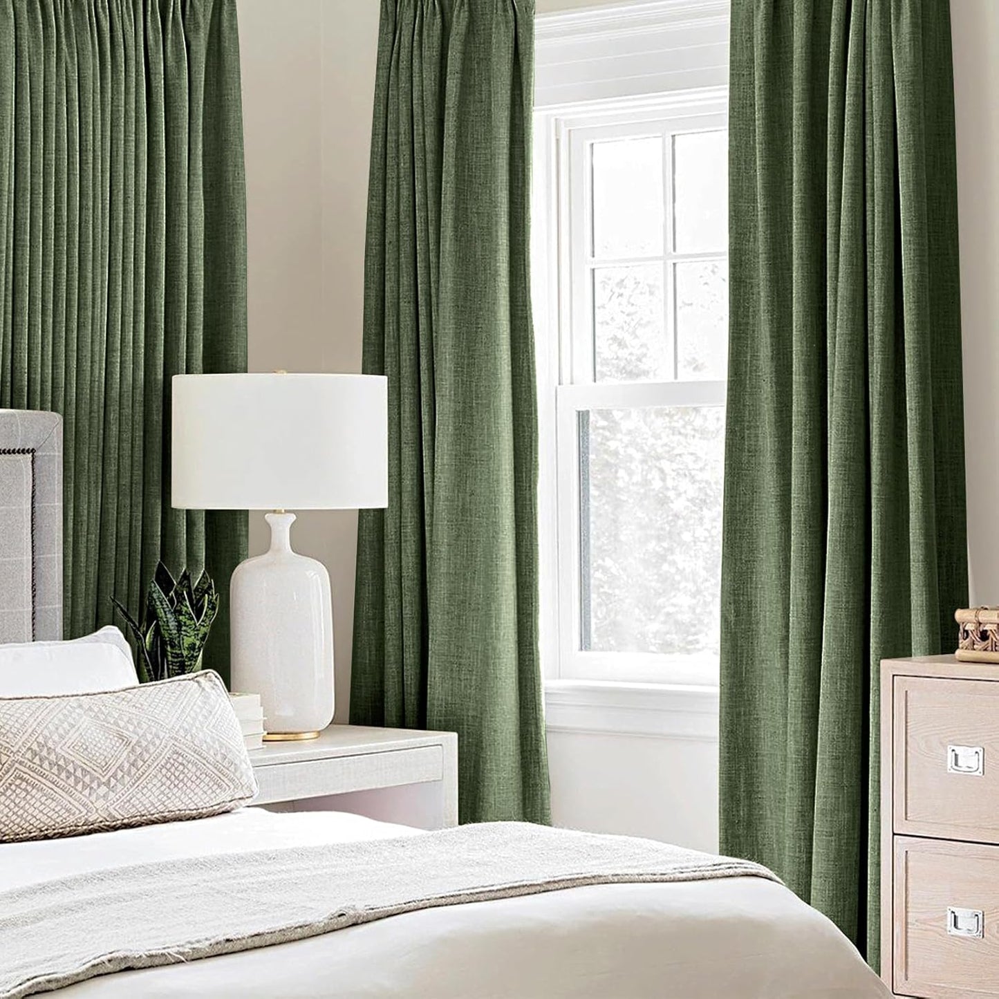 MIULEE 100% Blackout Linen Textured Curtains for Bedroom Solid Thermal Insulated Olive Green Grommet Room Darkening Curtains & Drapes Luxury Decor for Living Room Nursery 52 x 108 Inch (2 Panels)