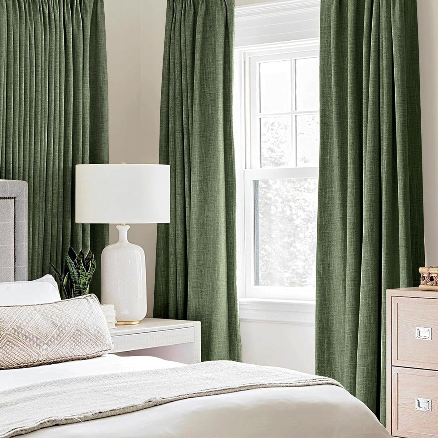 MIULEE 100% Blackout Linen Textured Curtains for Bedroom Solid Thermal Insulated Olive Green Grommet Room Darkening Curtains & Drapes Luxury Decor for Living Room Nursery 52 x 90 Inch (2 Panels)