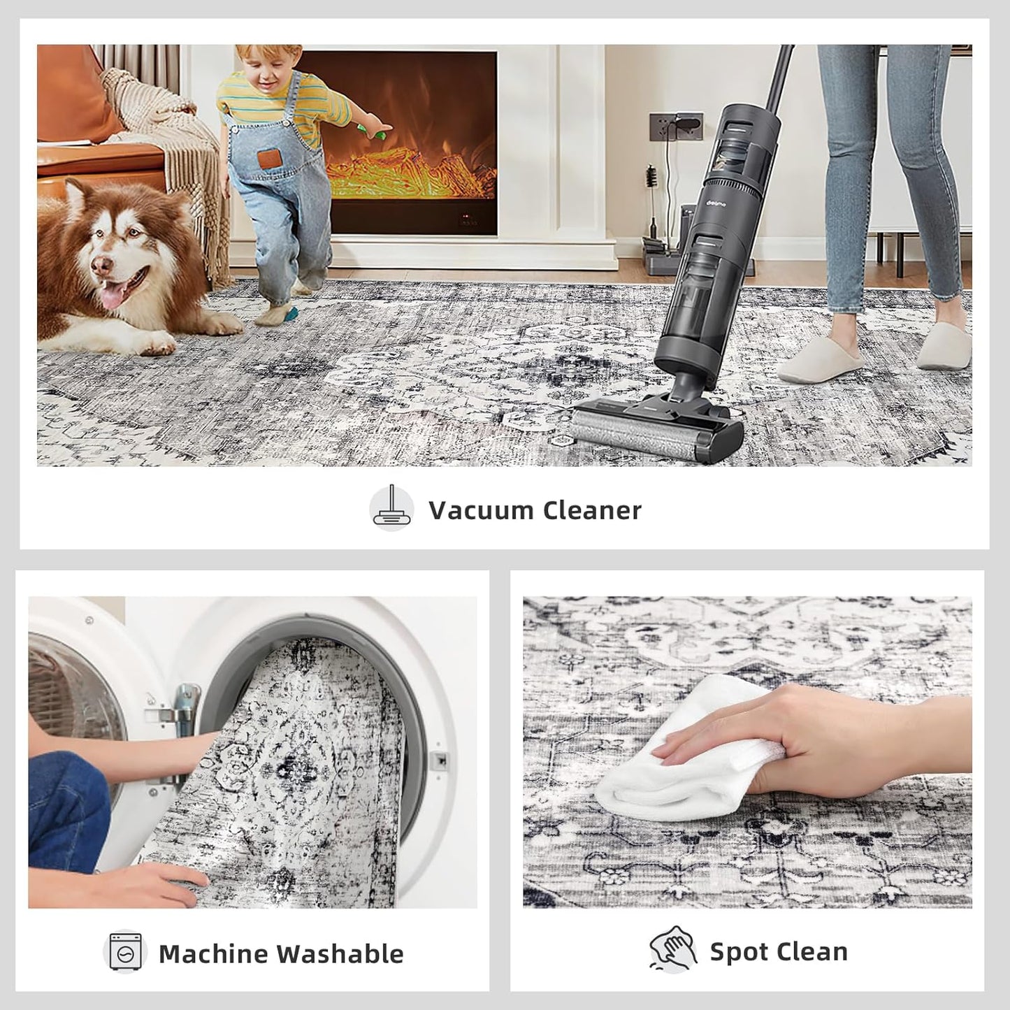 Runner Rugs for Hallway 2x6 Ft Non-Slip Fall Runner Rugs with Rubber Backing Washable Rug Runner for Kitchen Bedroom Vintage Distressed Carpet (Border Grey)